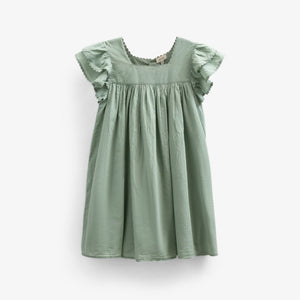 Bomuldskjole med bølgebånd og flæse - Kids - Dusty Green | 101035 Alma