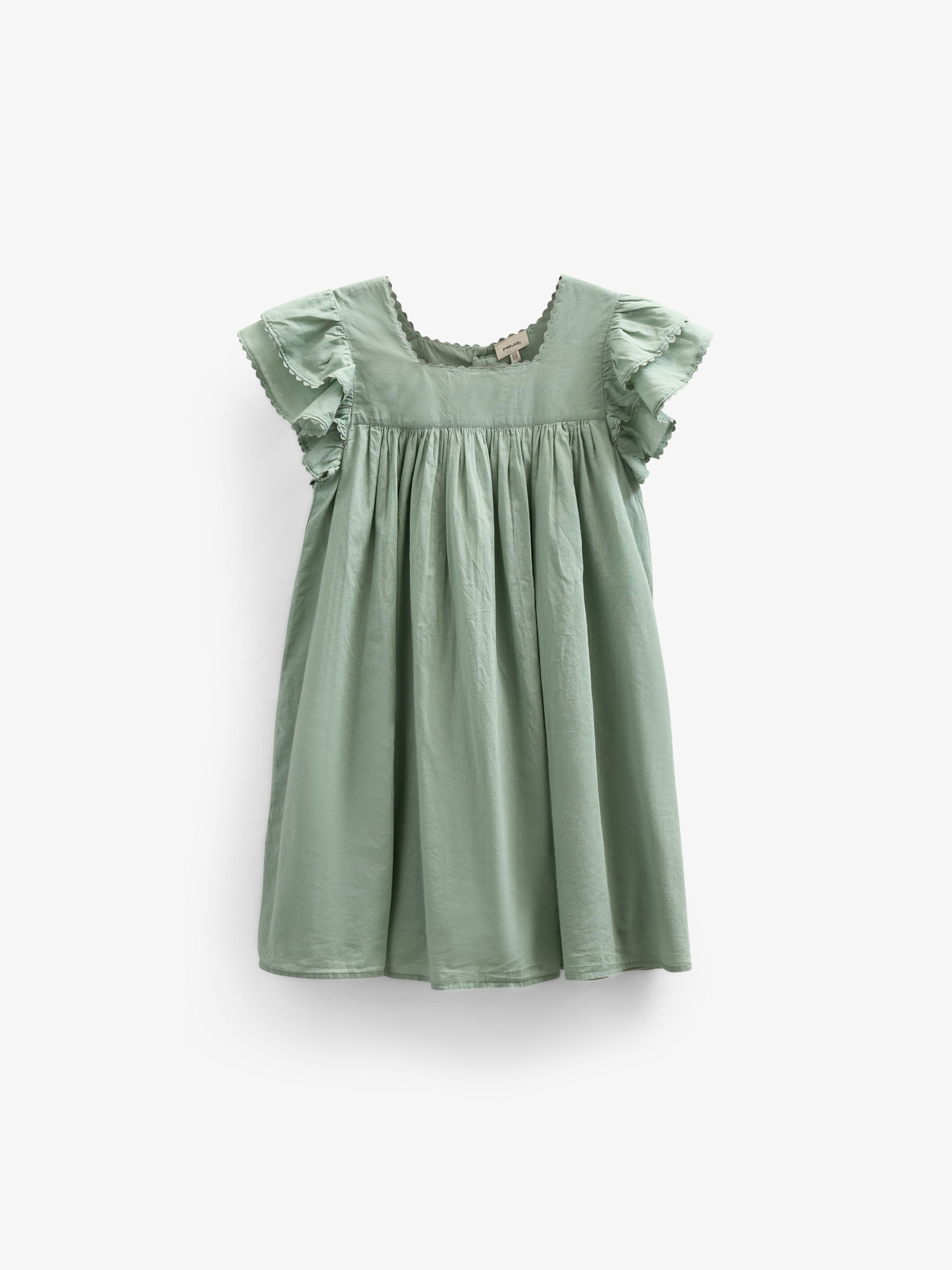 Bomuldskjole med bølgebånd og flæse - Kids - Dusty Green | 101035 Alma
