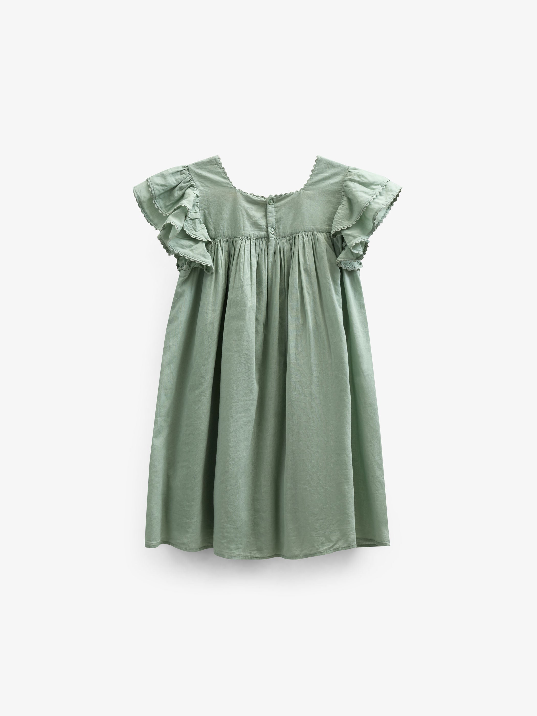 Bomuldskjole med bølgebånd og flæse - Kids - Dusty Green | 101035 Alma