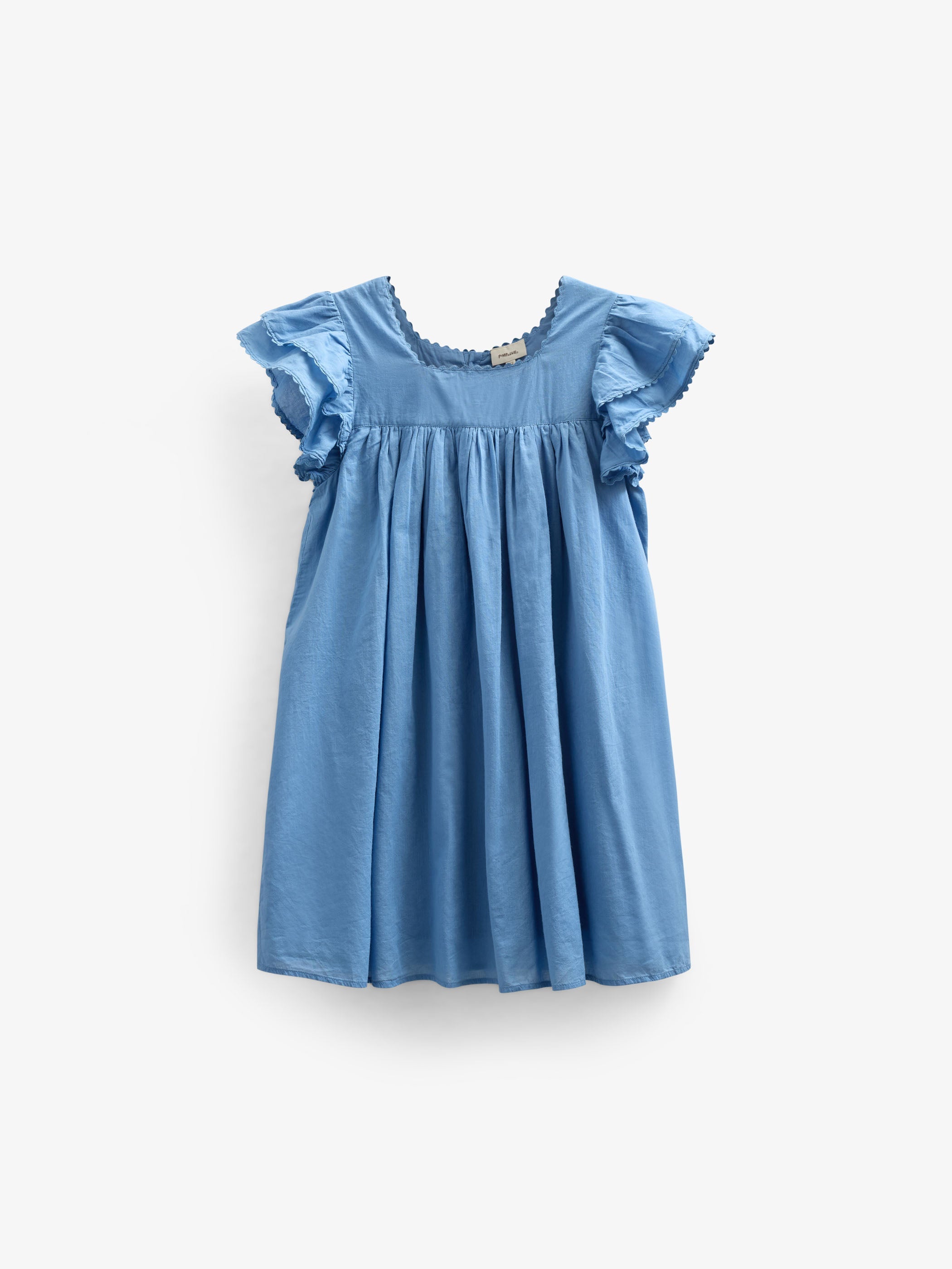 Bomuldskjole med bølgebånd og flæse - Kids - Dusty Blue | 101036 Alma