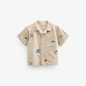 Broderet kortærmet bomuldsskjorte - Kids - Light Beige | 101061 Erik