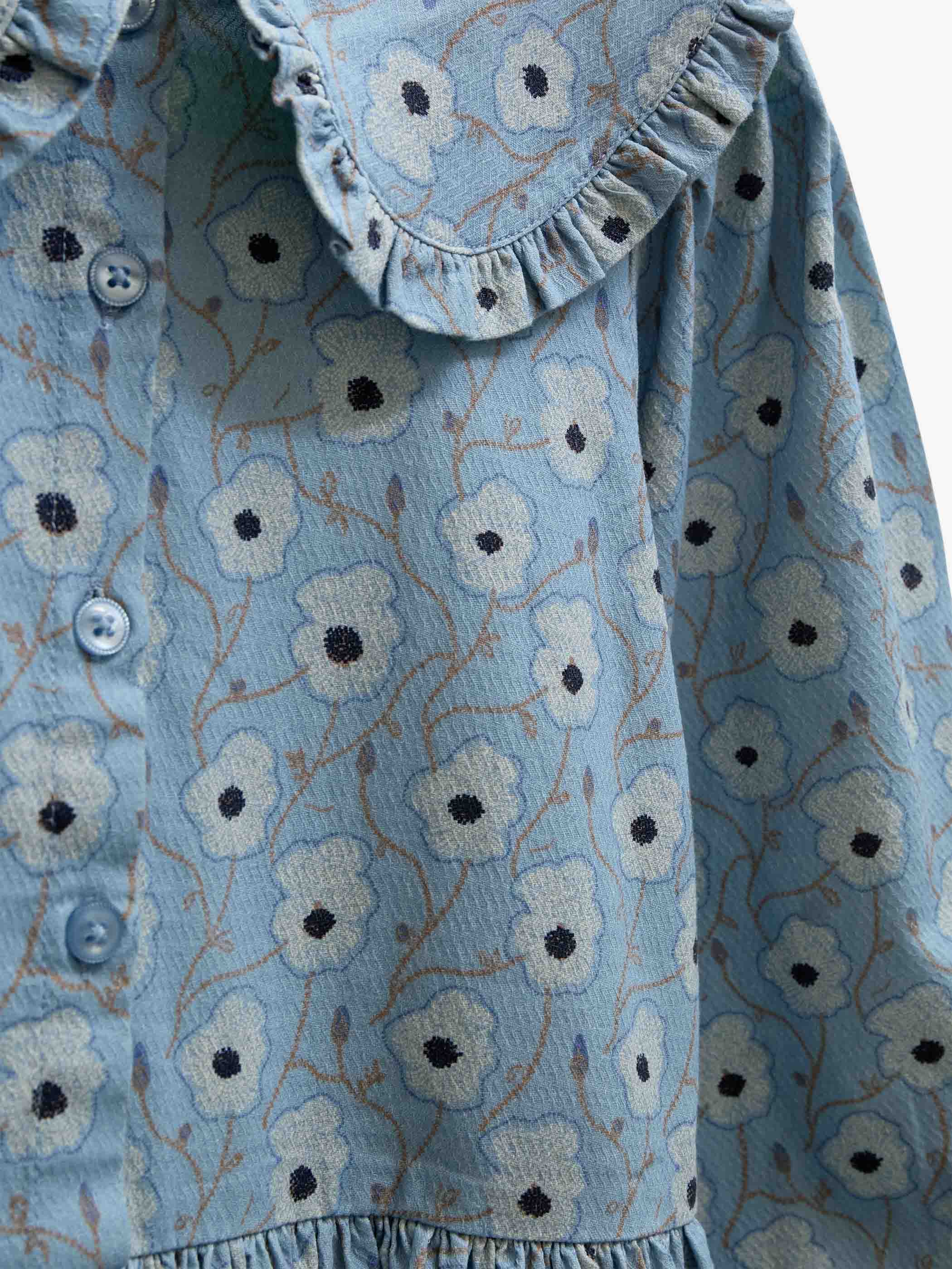 Blomstret bomuldskjole med flæsekrave Kids - Blue/Brown | 101427 Nova