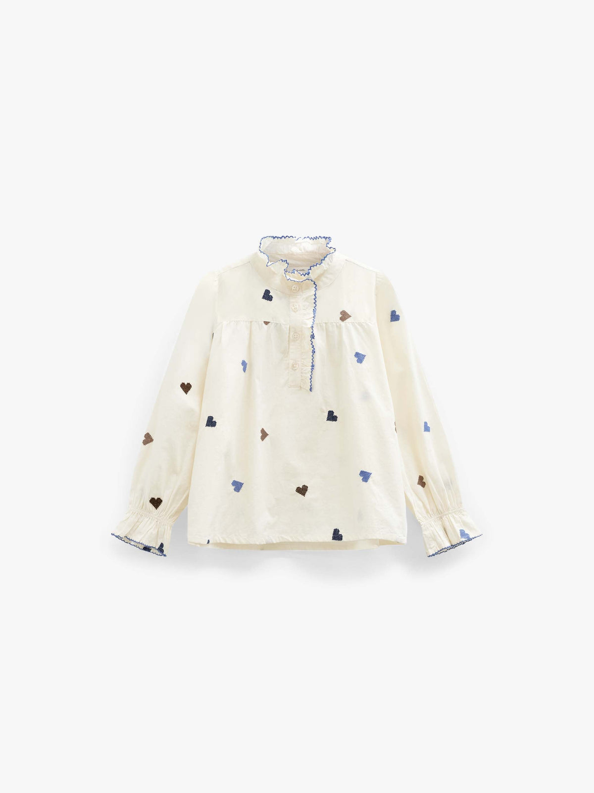 Bomuldsbluse med hjertebroderi Kids - Blue/Brown | 101455 Elina