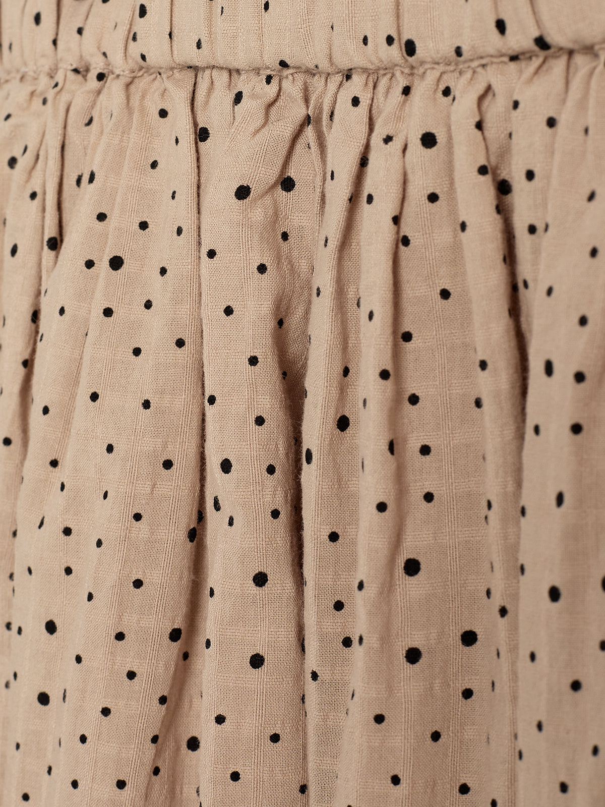Tan fabric with black polka dots is gathered in vertical pleats, creating a textured pattern on the material, suggesting a garment or curtain in soft, flowing detail.