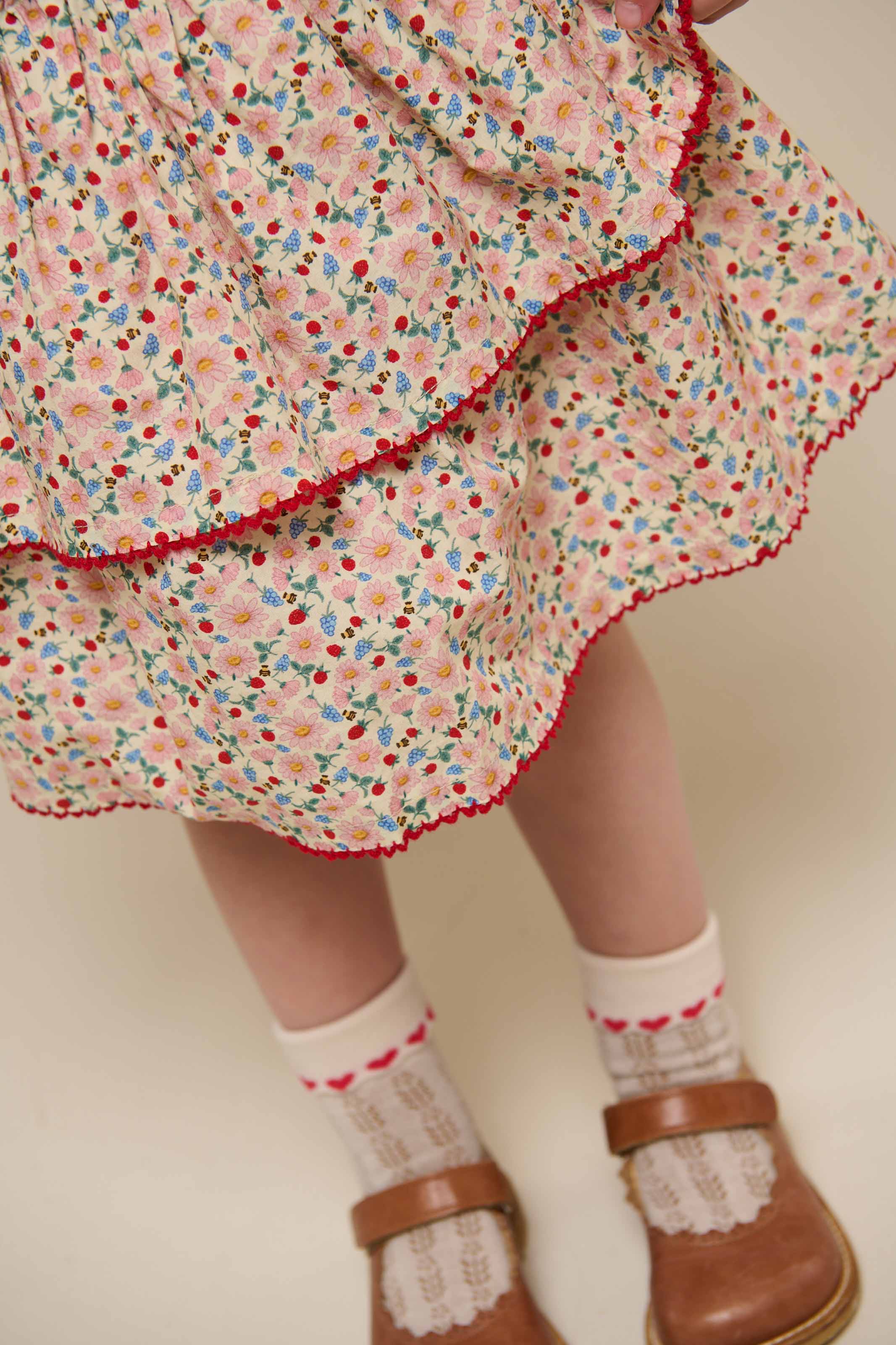 Poplinnederdel med blomsterprint og flæse - Kids - Rose | 100952 Poppy