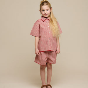 Stribet poplin sæt med skjorte og shorts - Tween - Old Rose/Cherry Red | 100947 Olivia