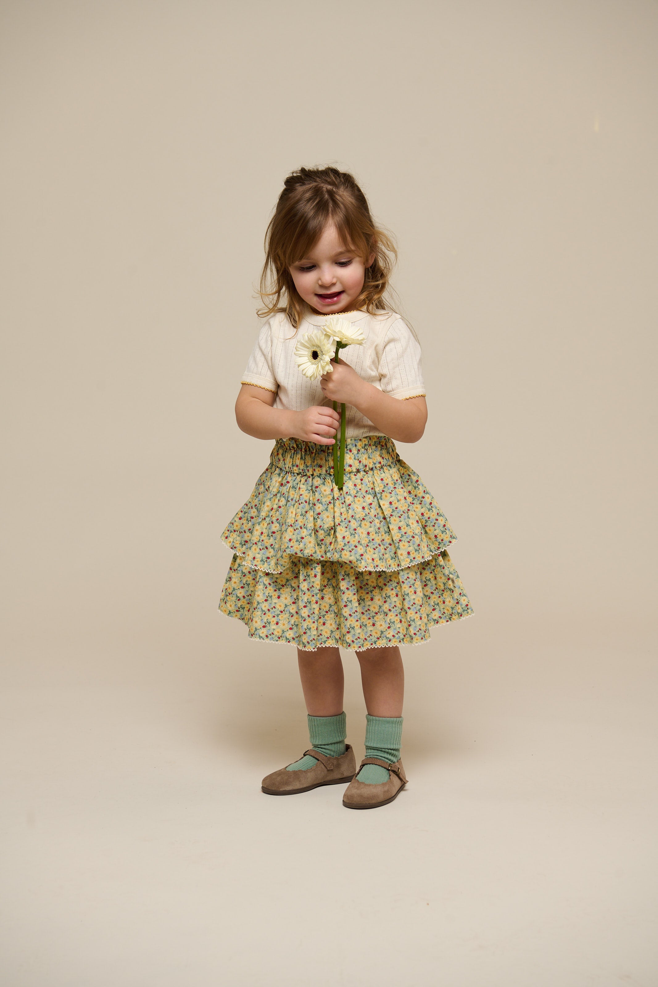 Poplinnederdel med blomsterprint og flæse - Kids - Green | 100954 Poppy