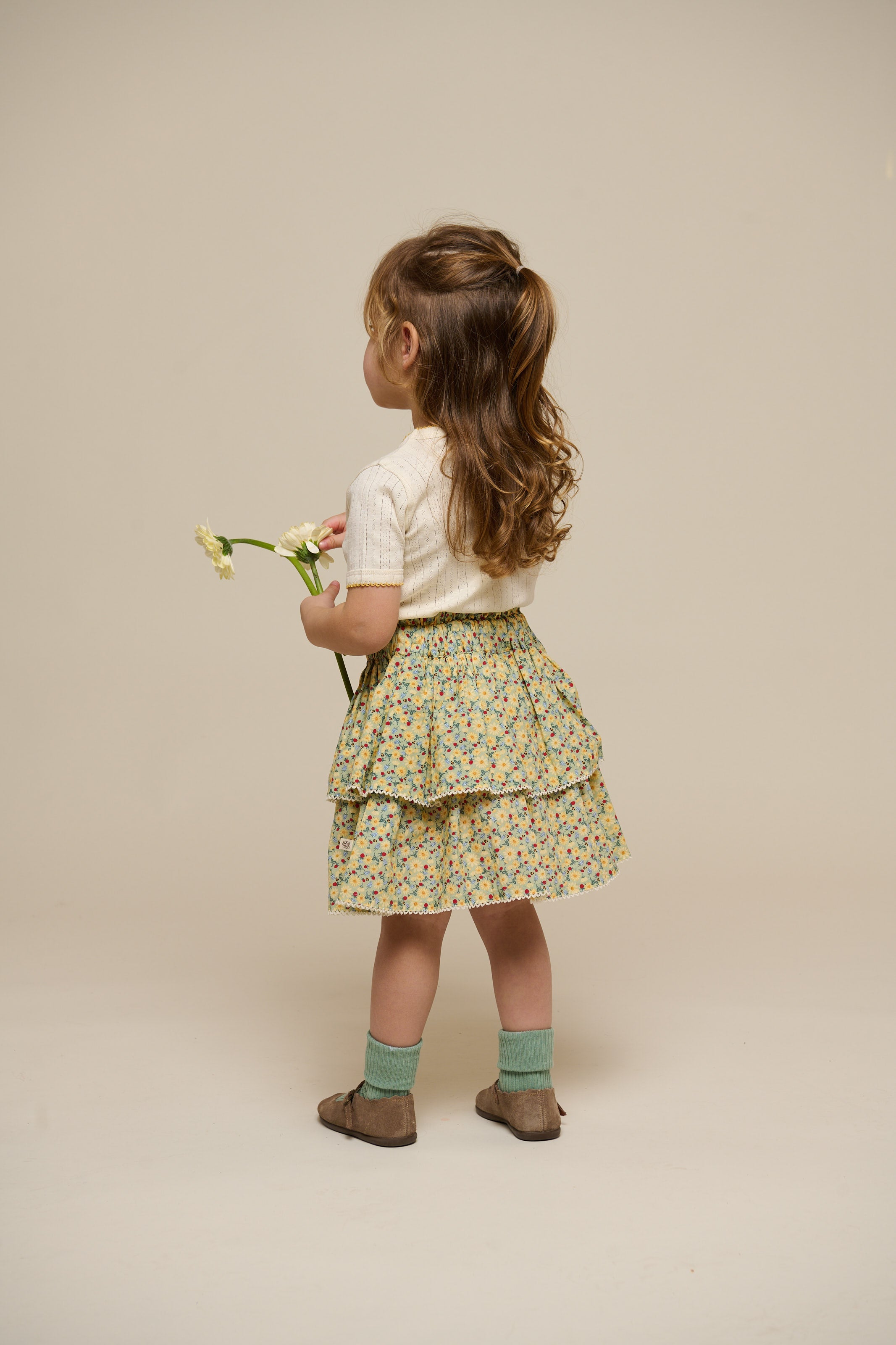 Poplinnederdel med blomsterprint og flæse - Kids - Green | 100954 Poppy