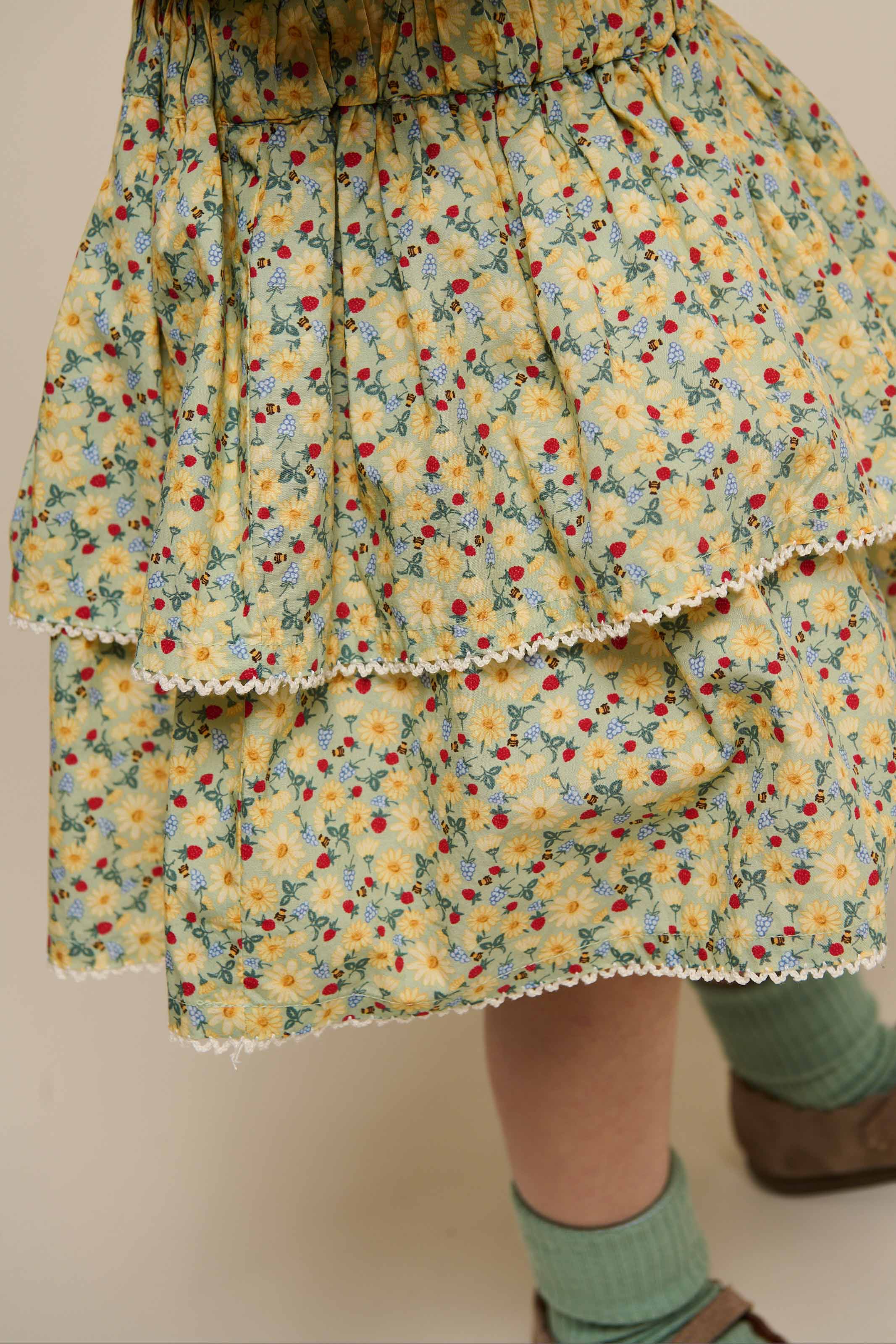 Poplinnederdel med blomsterprint og flæse - Kids - Green | 100954 Poppy
