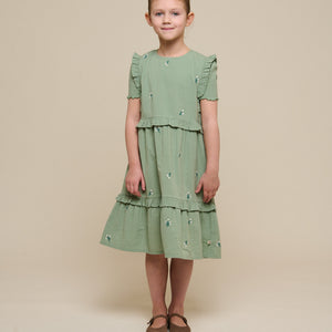 Broderet seersucker kjole - Tween - Dusty Green | 100977 Nora