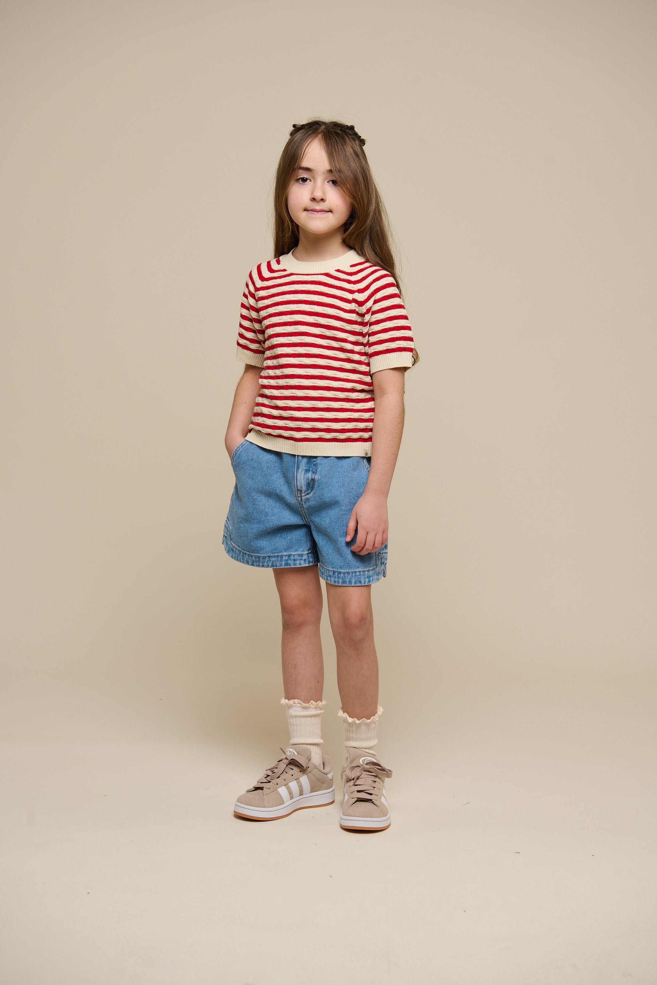 Kortærmet bomuldsstrik med striber - Tween - Cherry Red Stripe | 101240 Martha
