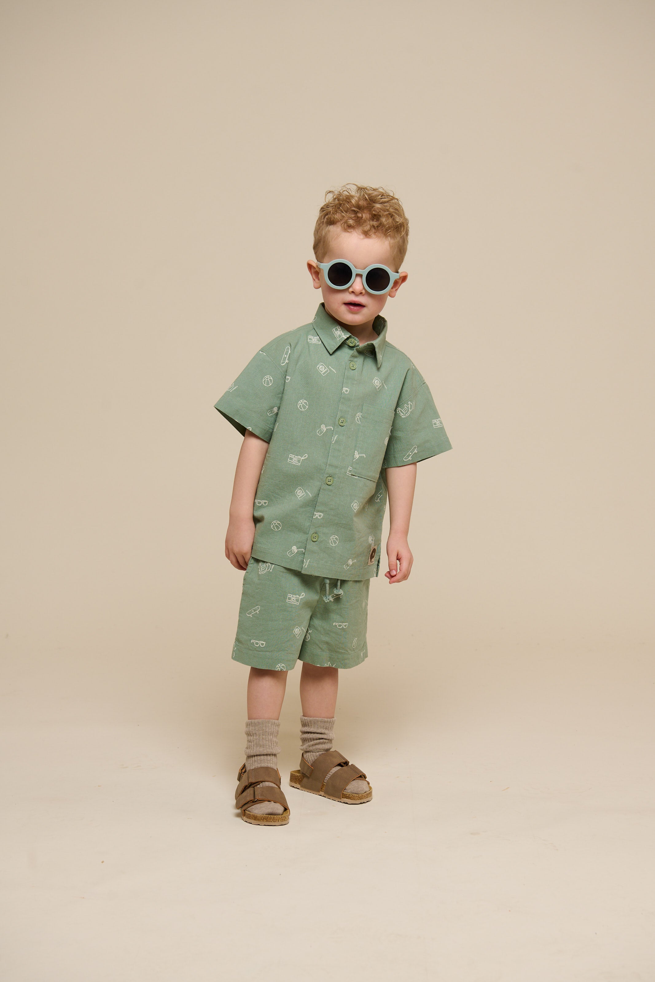 Printet skjorte i hørmix - Kids - Dusty Green | 101165 William