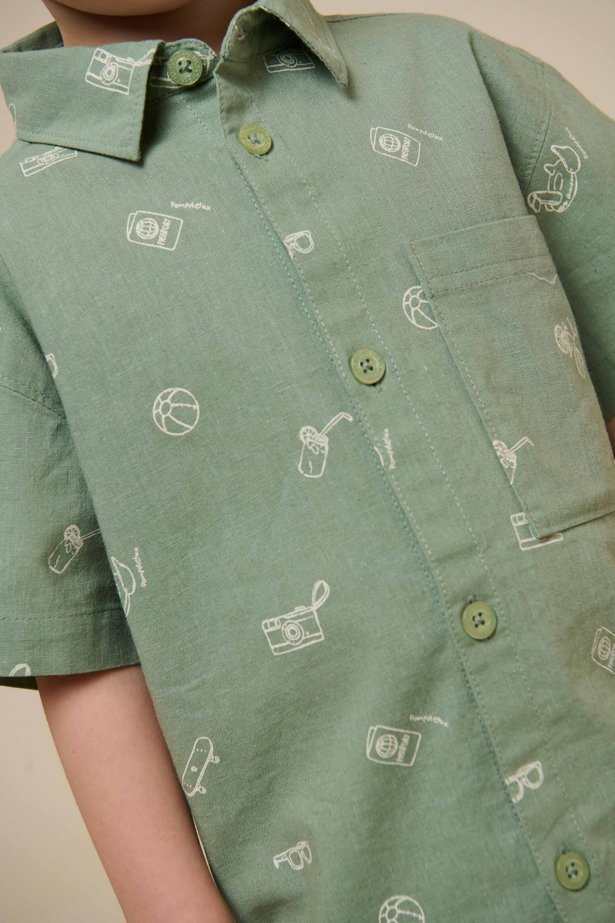 Printet skjorte i hørmix - Kids - Dusty Green | 101165 William