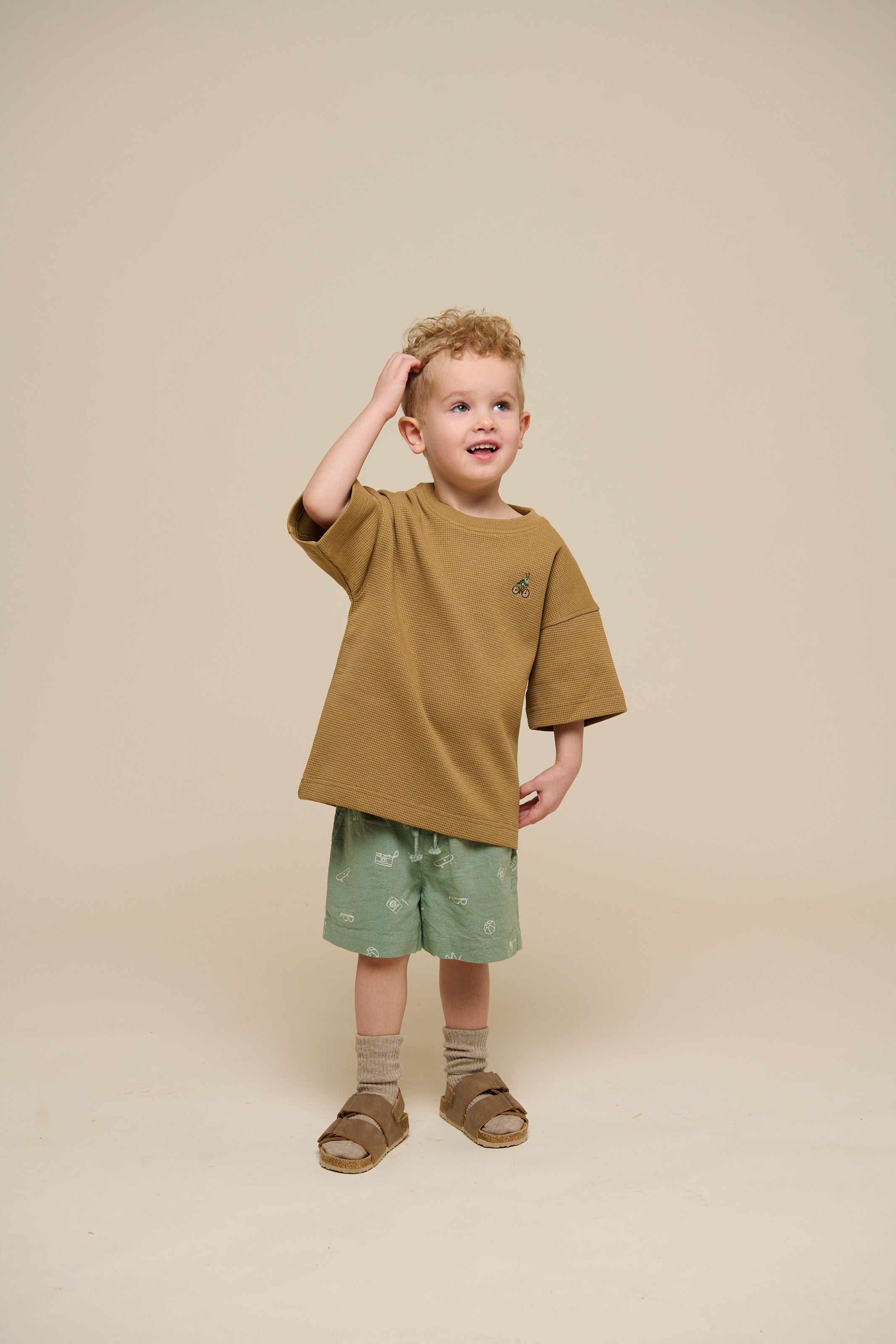 Printede shorts i hørmix - Kids - Dusty Green | 101169 William