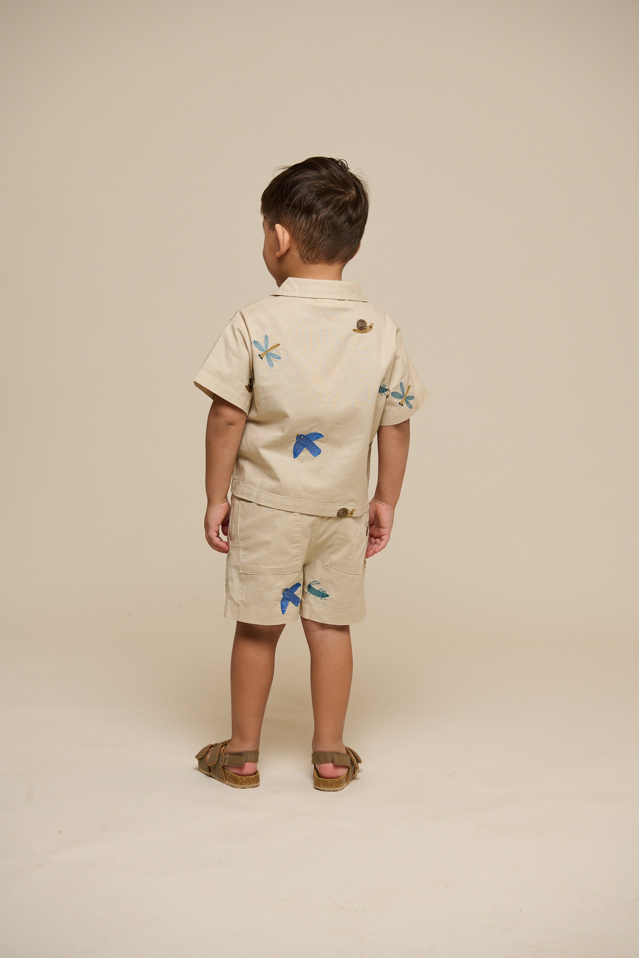 Broderet kortærmet bomuldsskjorte - Kids - Light Beige | 101061 Erik