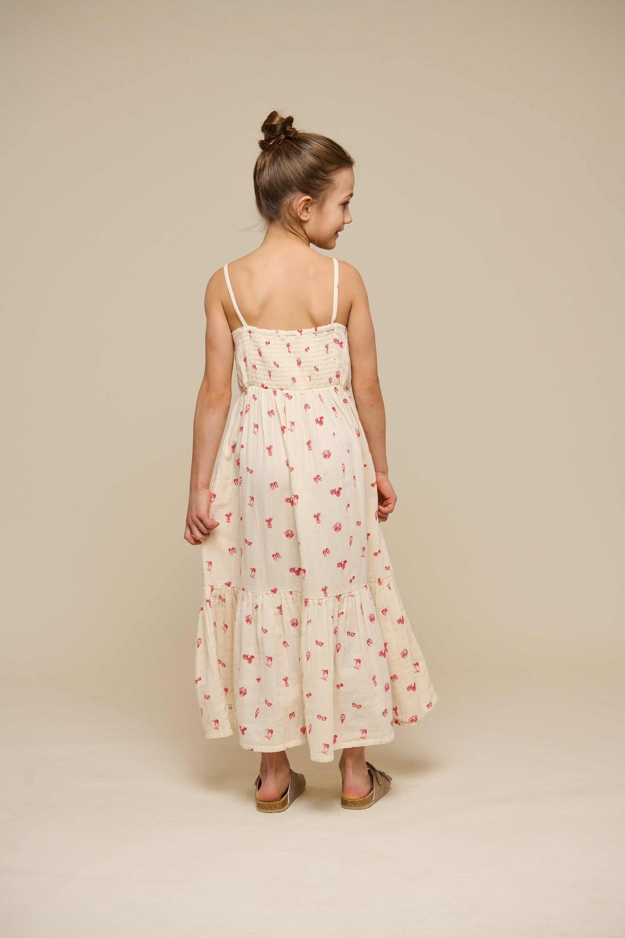 Midi stropkjole i musselin med print - Tween - Offwhite/Cherry Red | 100974 Fiona