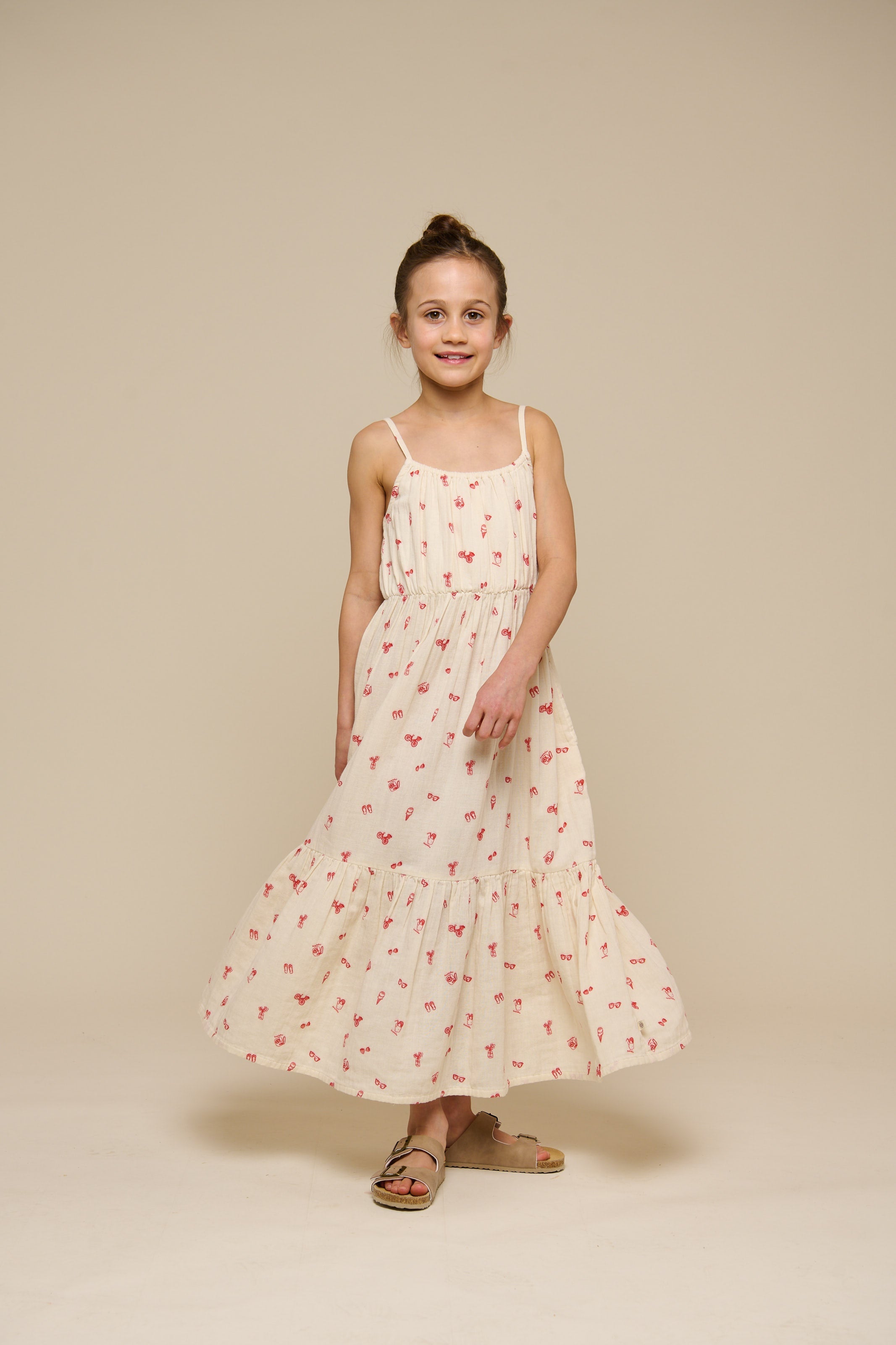 Midi stropkjole i musselin med print - Tween - Offwhite/Cherry Red | 100974 Fiona