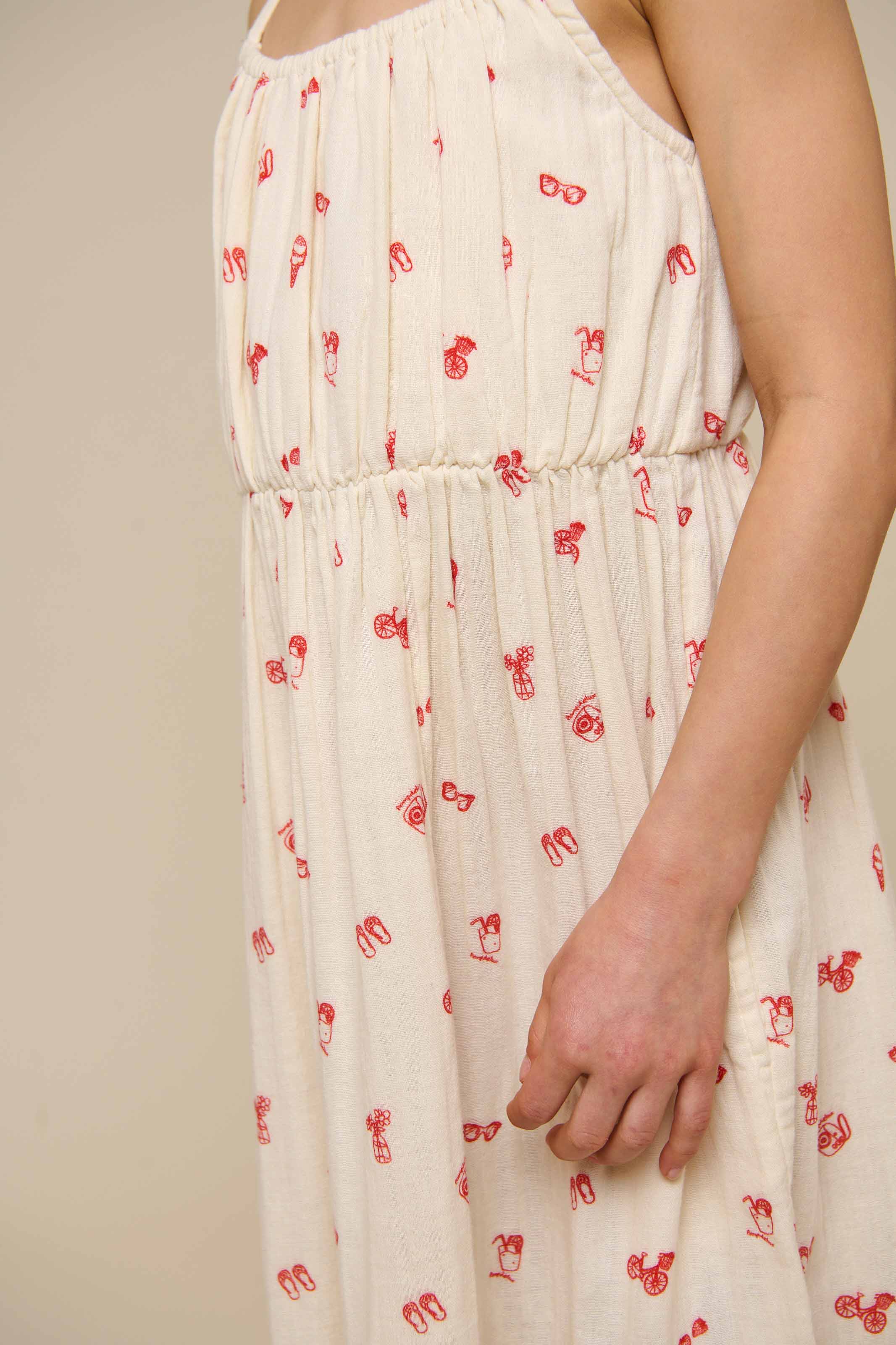 Midi stropkjole i musselin med print - Tween - Offwhite/Cherry Red | 100974 Fiona