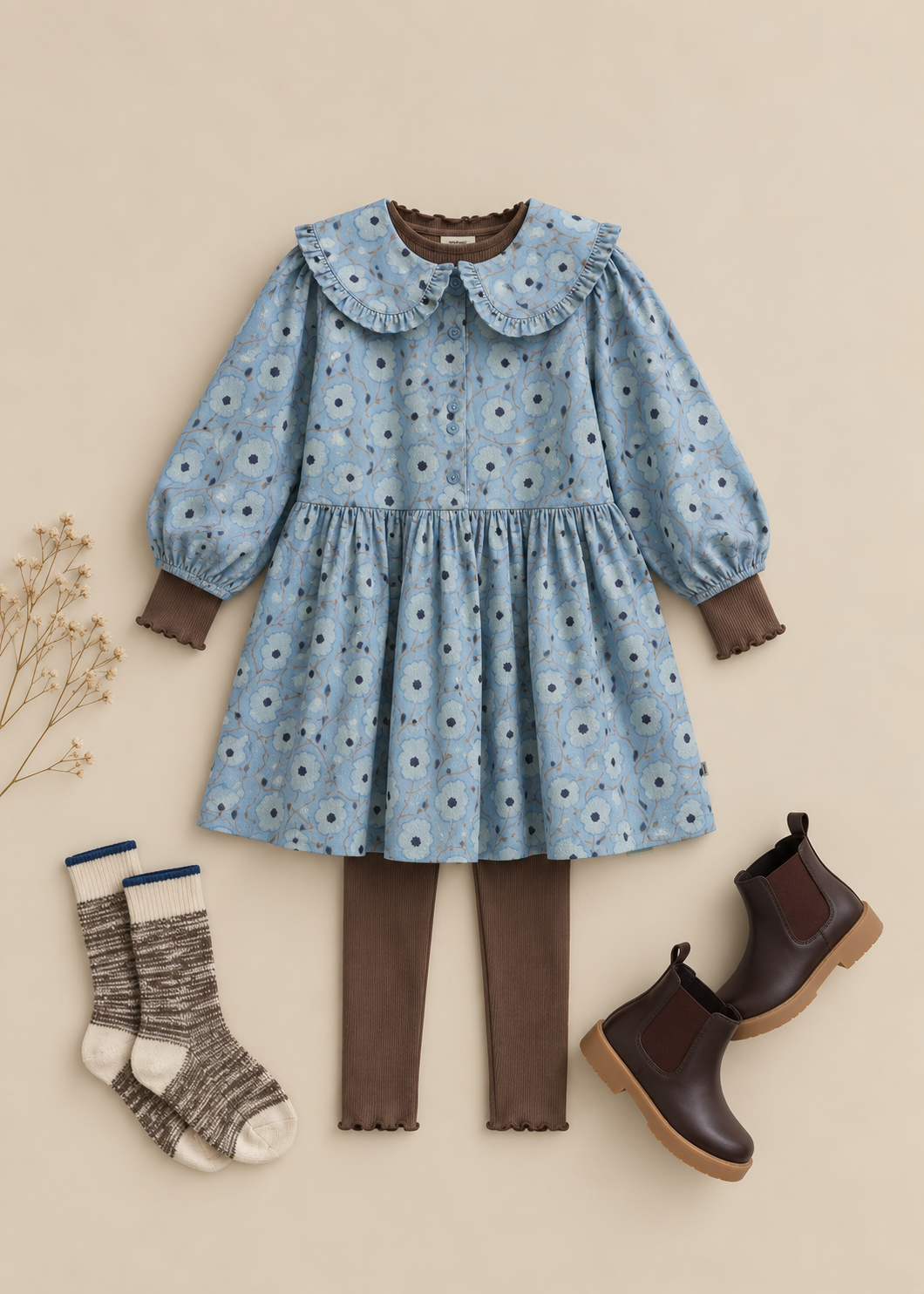 Blomstret bomuldskjole med flæsekrave Kids - Blue/Brown | 101427 Nova