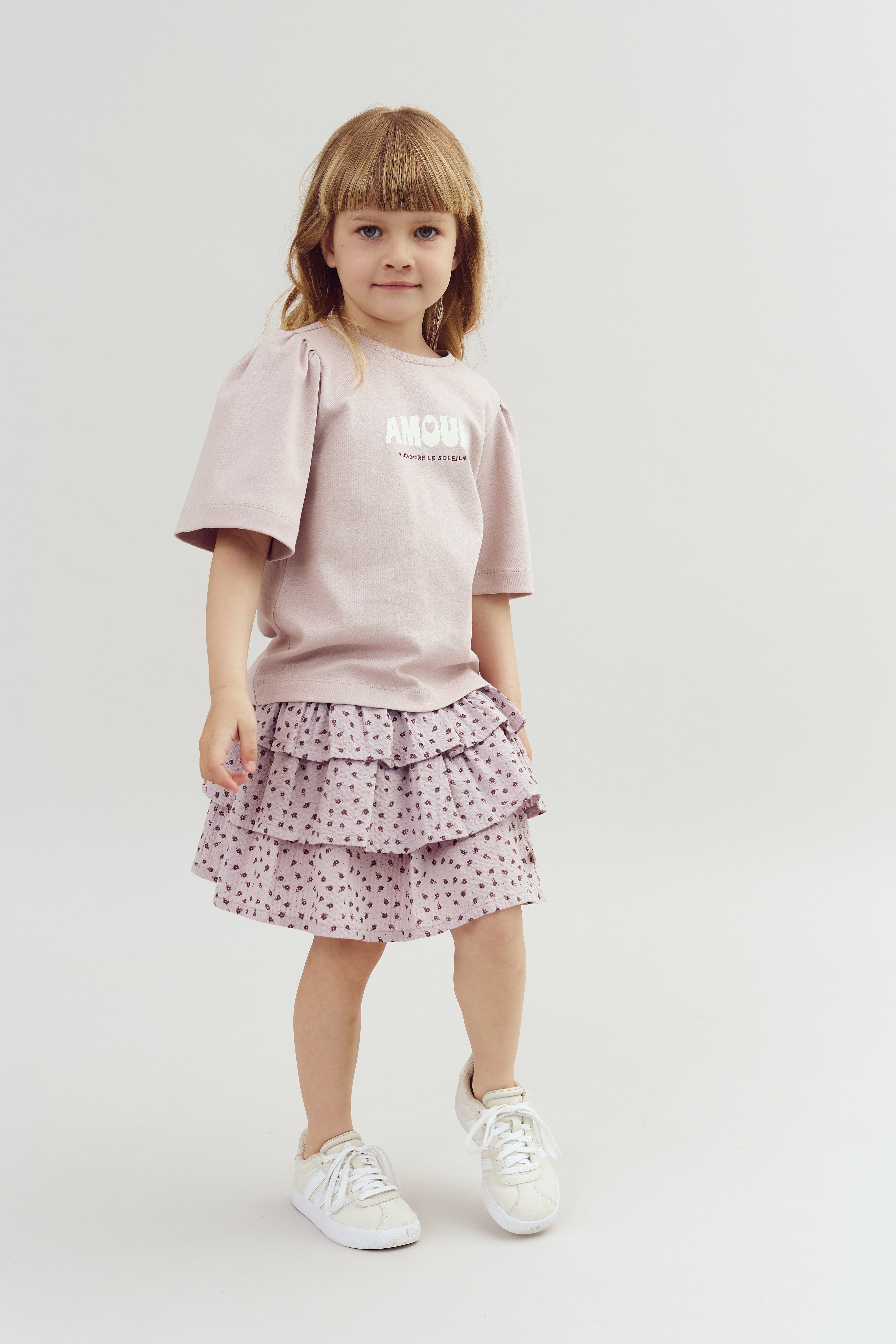 T-Shirt med Puffærme og Print - Lys lilla | 100258 Rosa