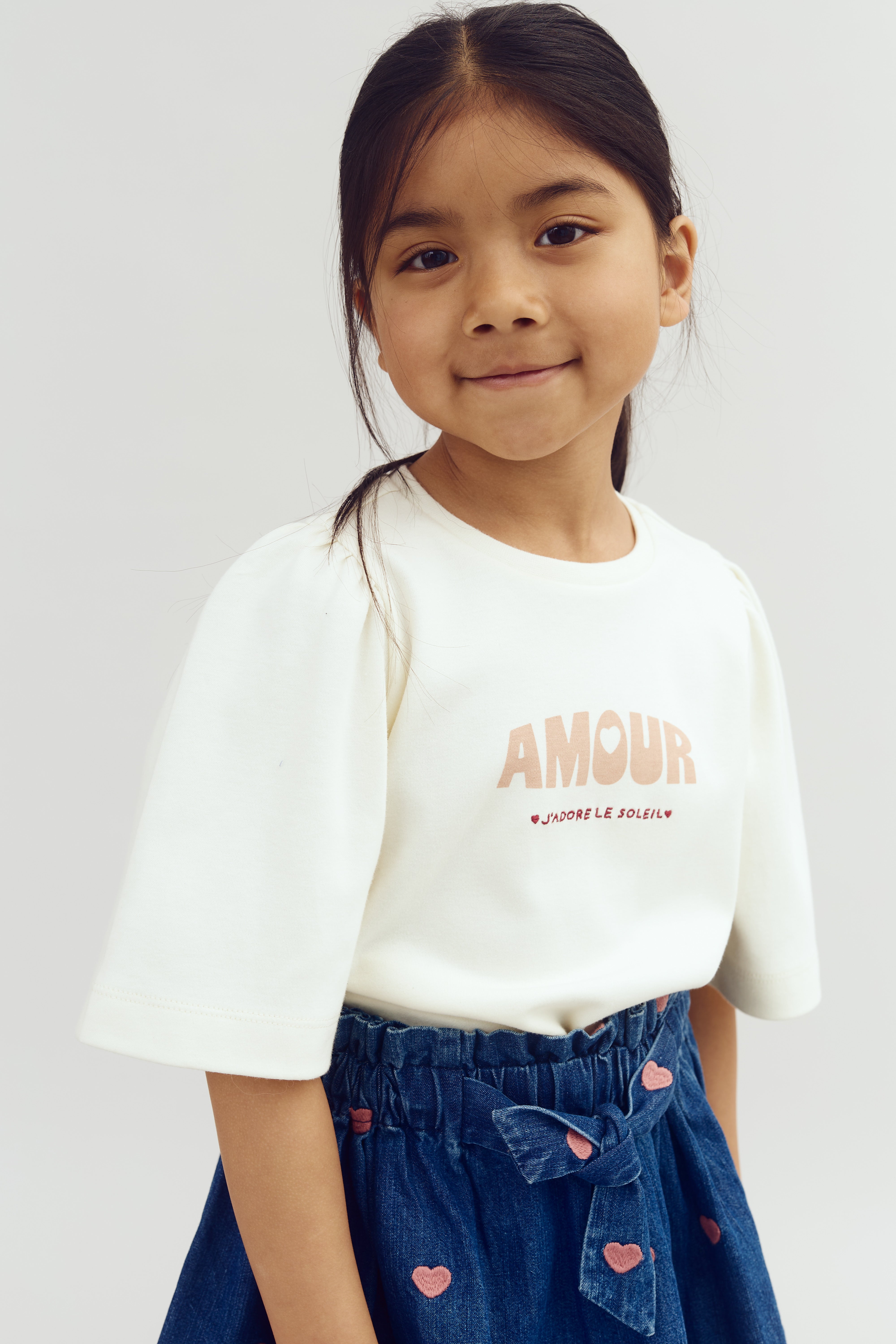 T-Shirt med Puffærme og Print - Off White | 100259 Rosa