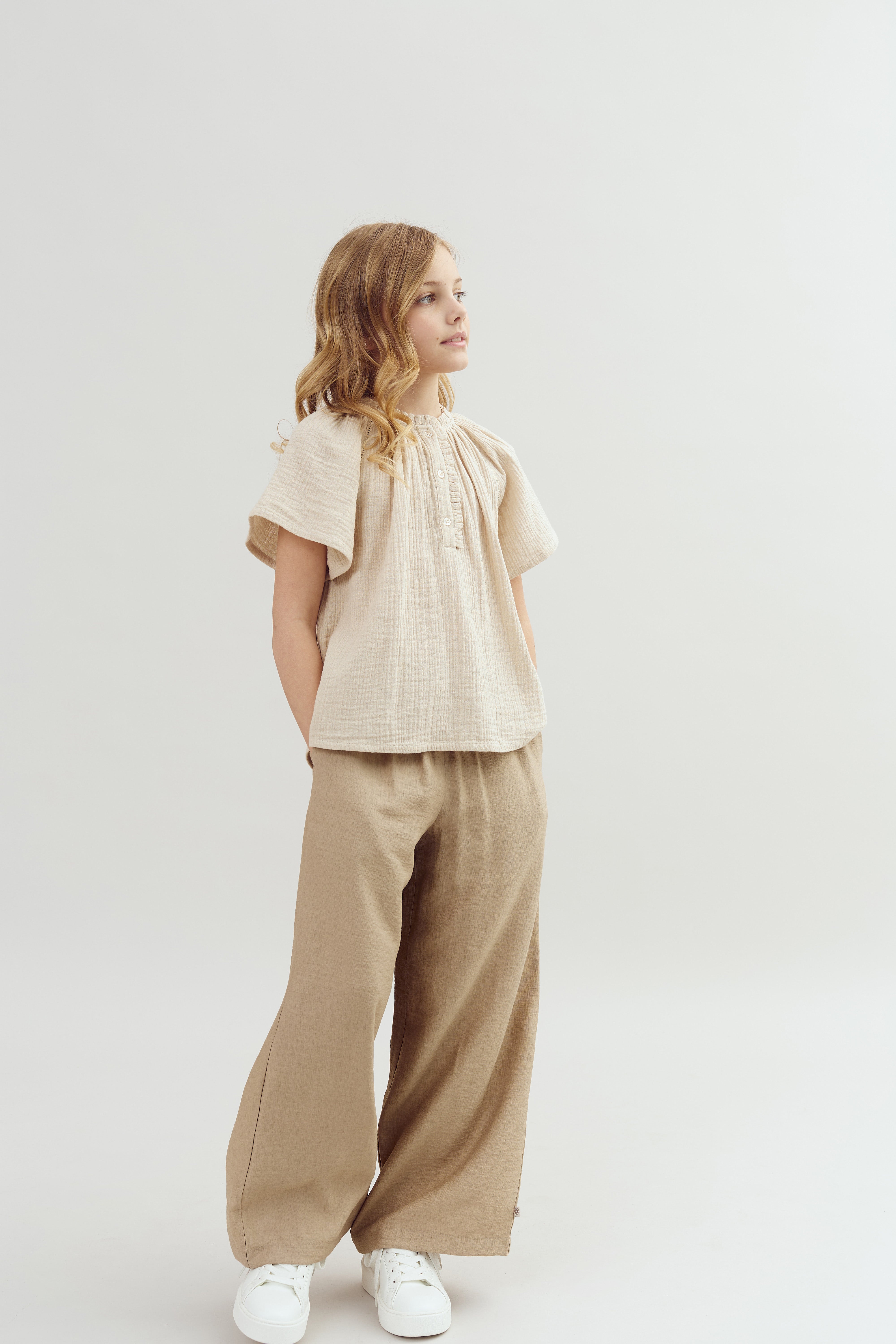Løstsiddende brede bukser - Tweens - Dark Beige