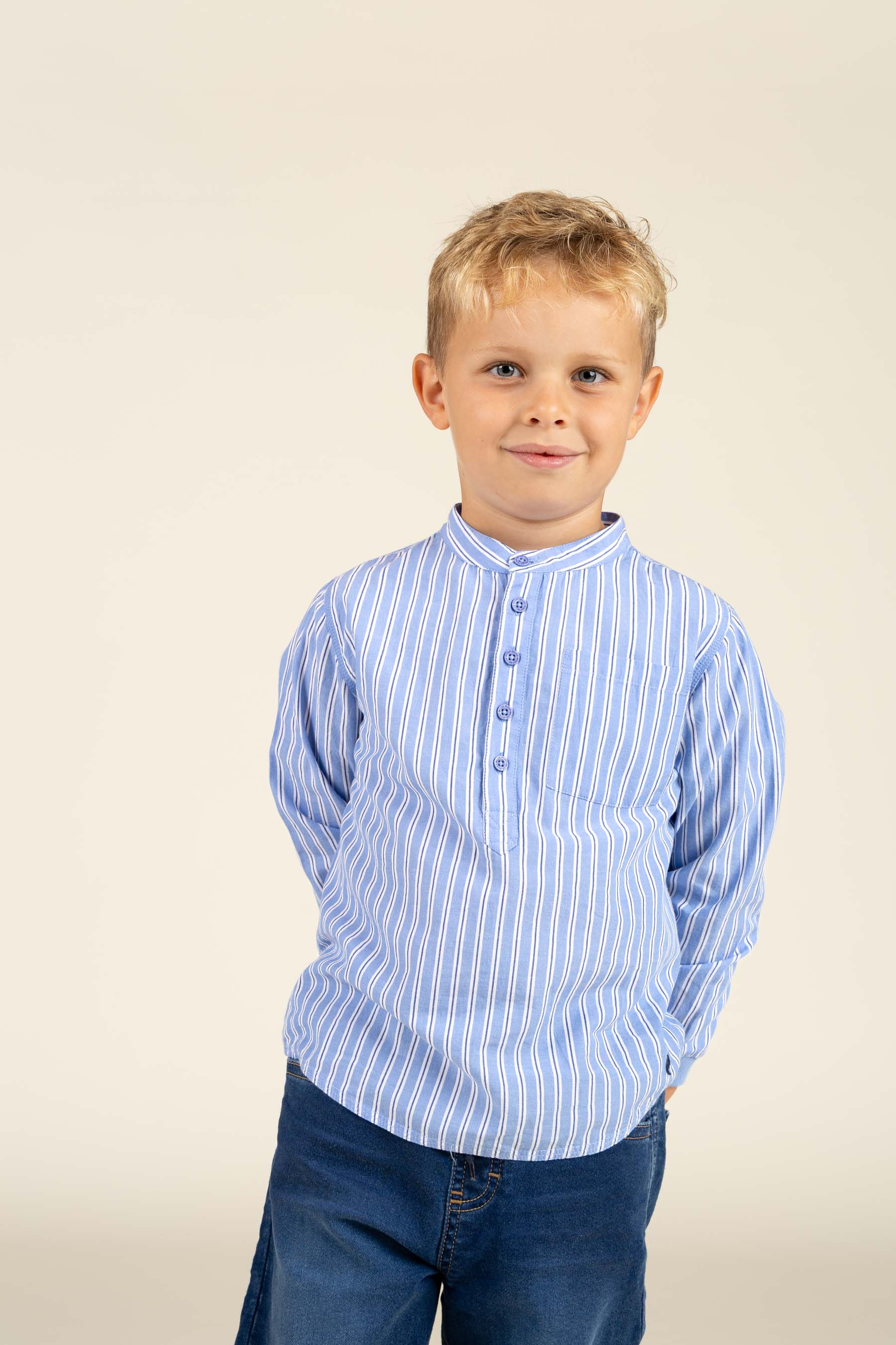 Stribet Skjorte m. Mandarin Krave - Kids - Blå Stribe | 100488 Kai