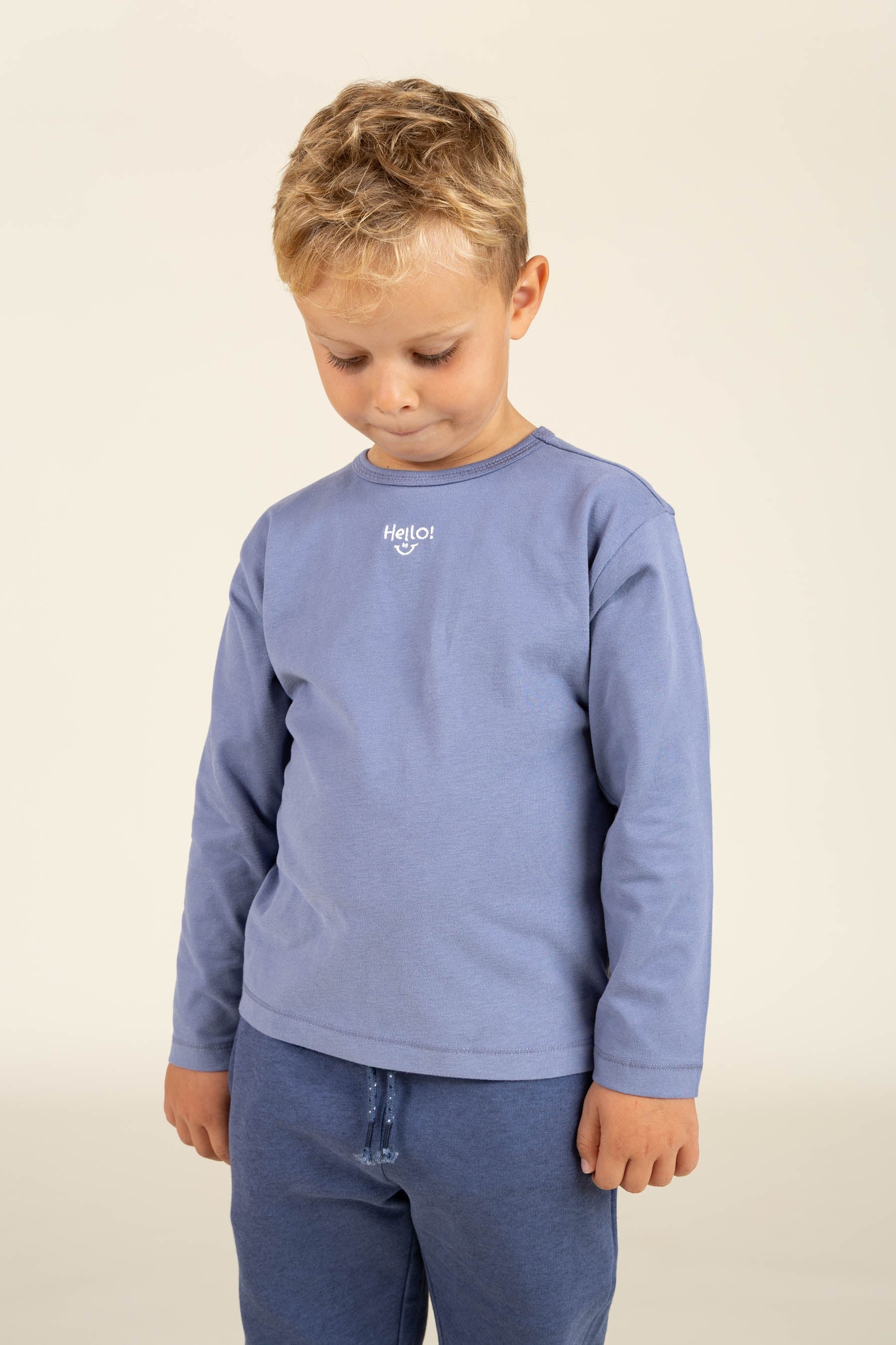 Langærmet T-shirt med Broderi - Kids - Blue | 100858 Brandon