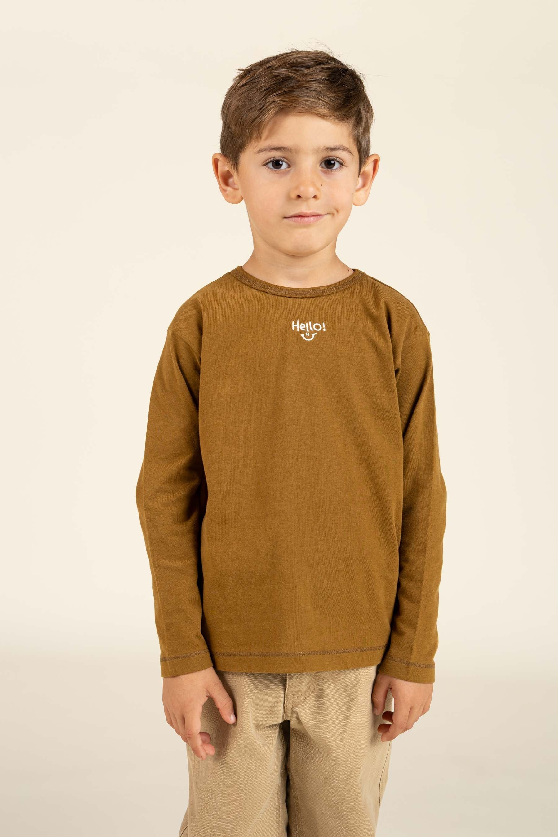 Langærmet T-shirt med Broderi - Kids - Walnut | 100854 Brandon