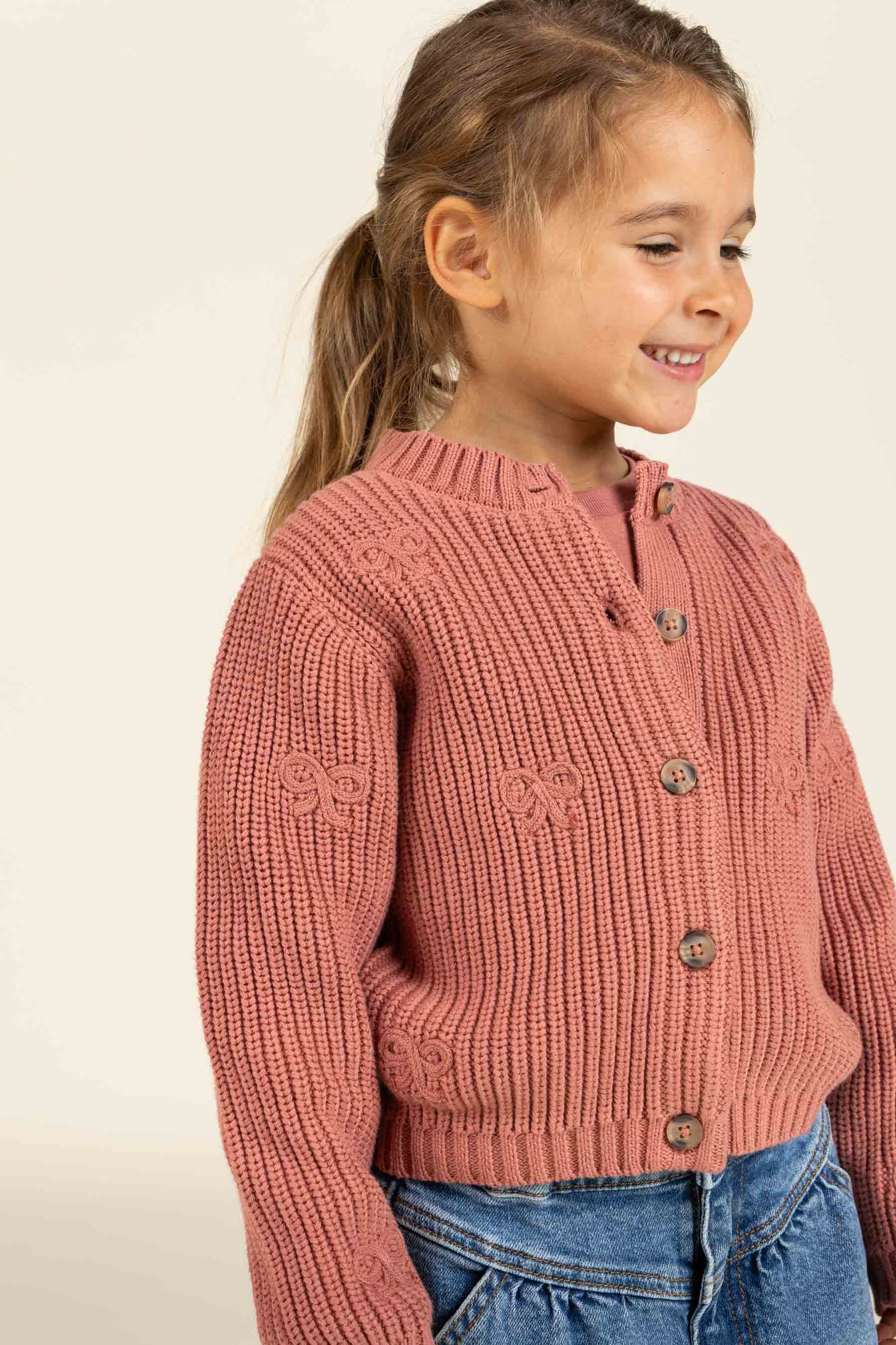 Cardigan i bomuldsstrik med sløjfer - Tween - Old Rose | 100793 Freya