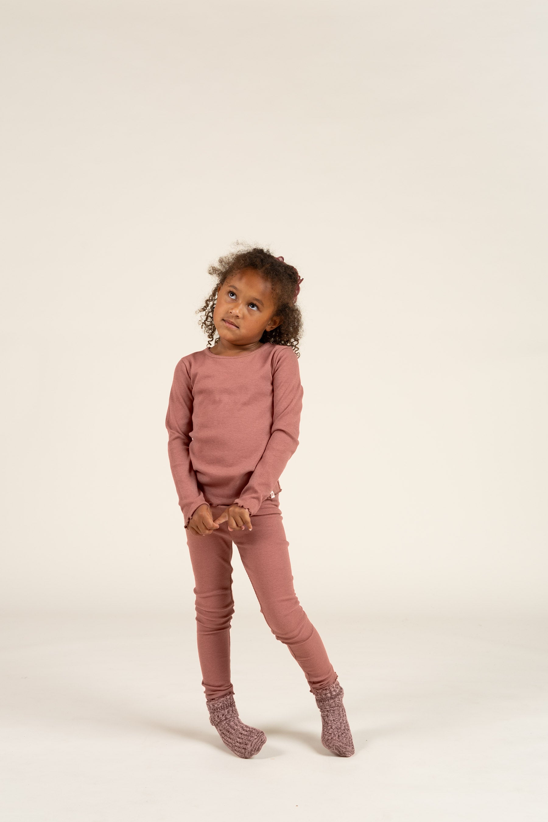 Langærmet Rib T-shirt i Modal med picot-kant - Kids - Old Rose | 100578 Mia