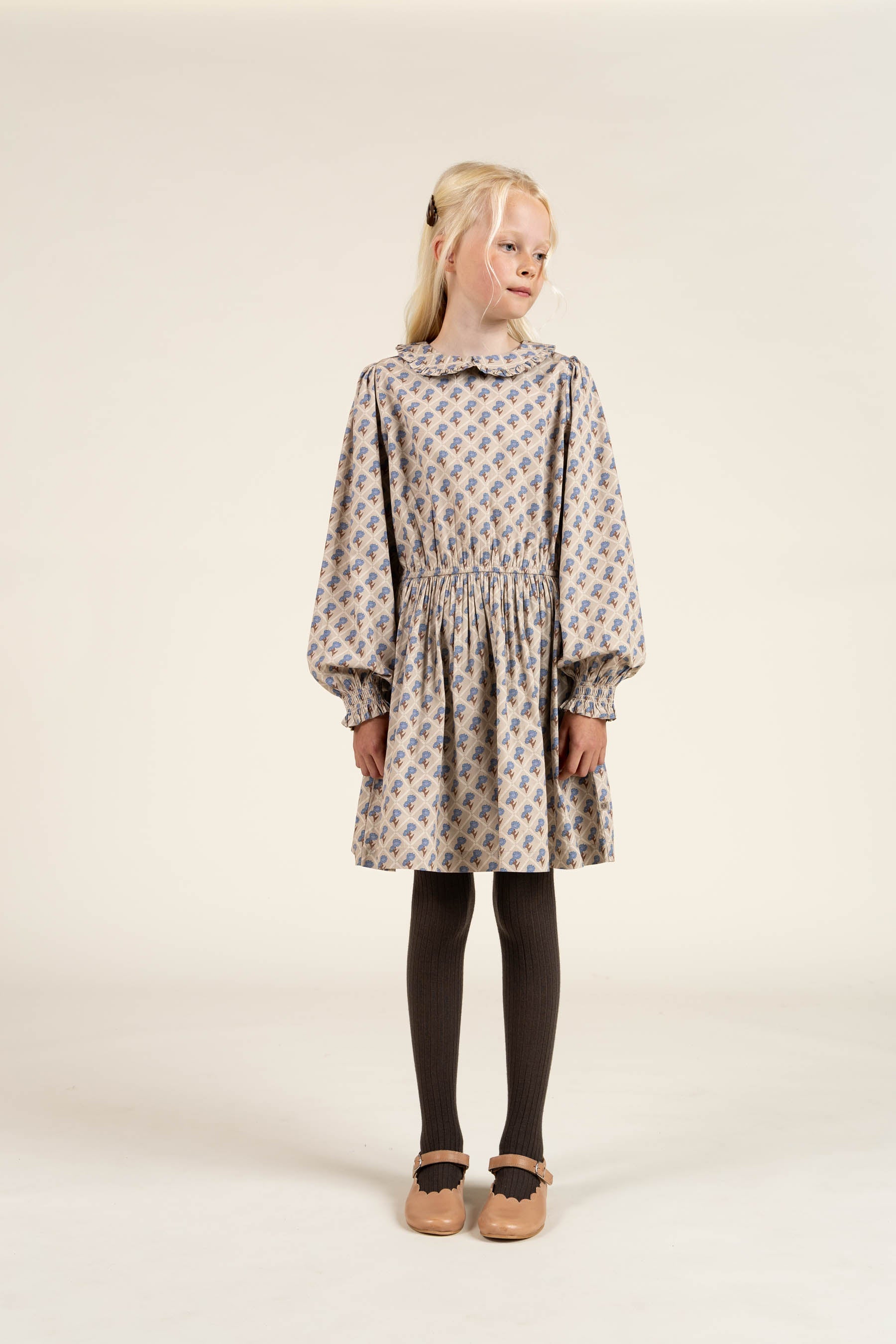 Kjole i bomulds-poplin med Print og elastik i taljen - Tween - Caffe Latte w. Blue | 100801 Amine