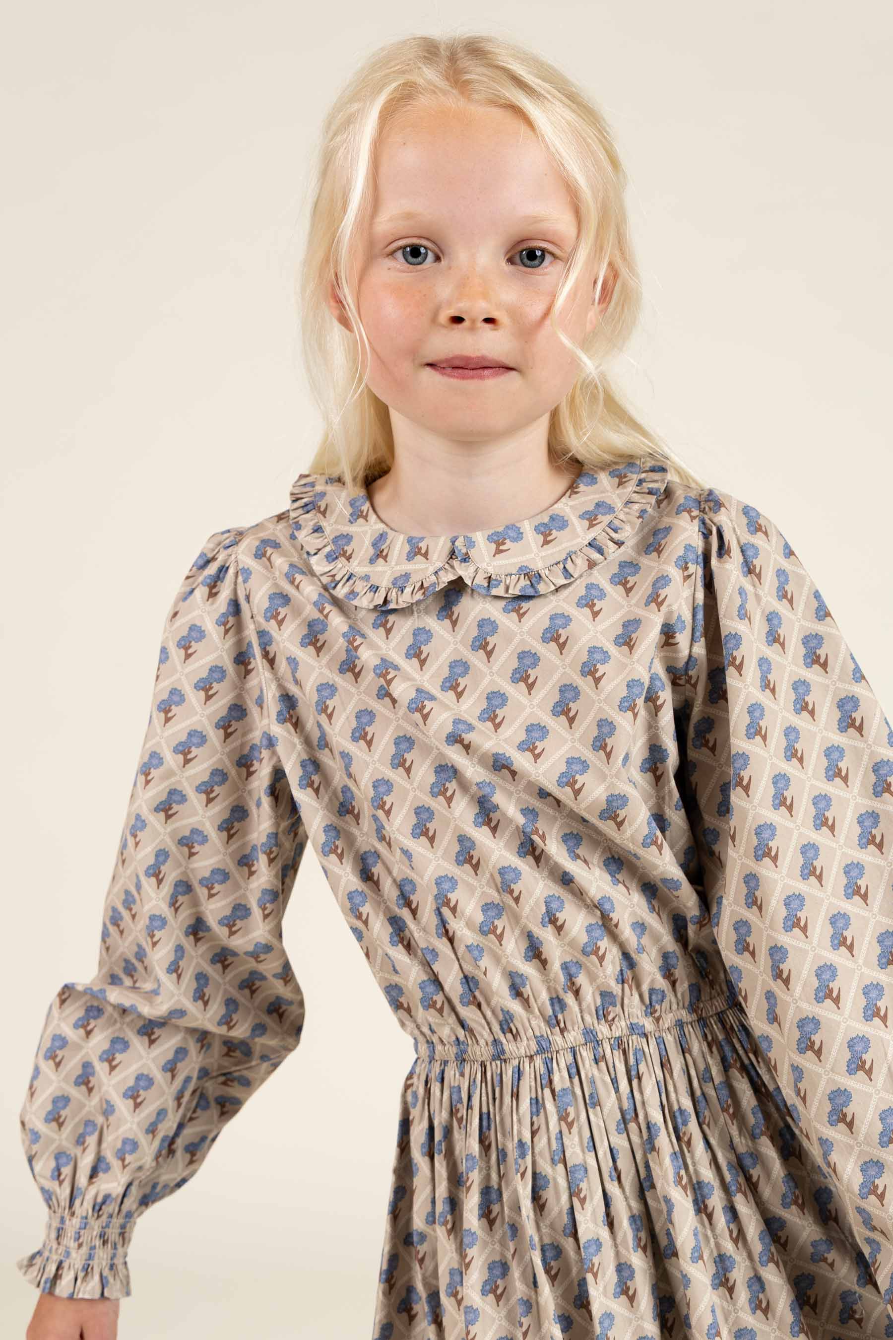 Kjole i bomulds-poplin med Print og elastik i taljen - Tween - Caffe Latte w. Blue | 100801 Amine