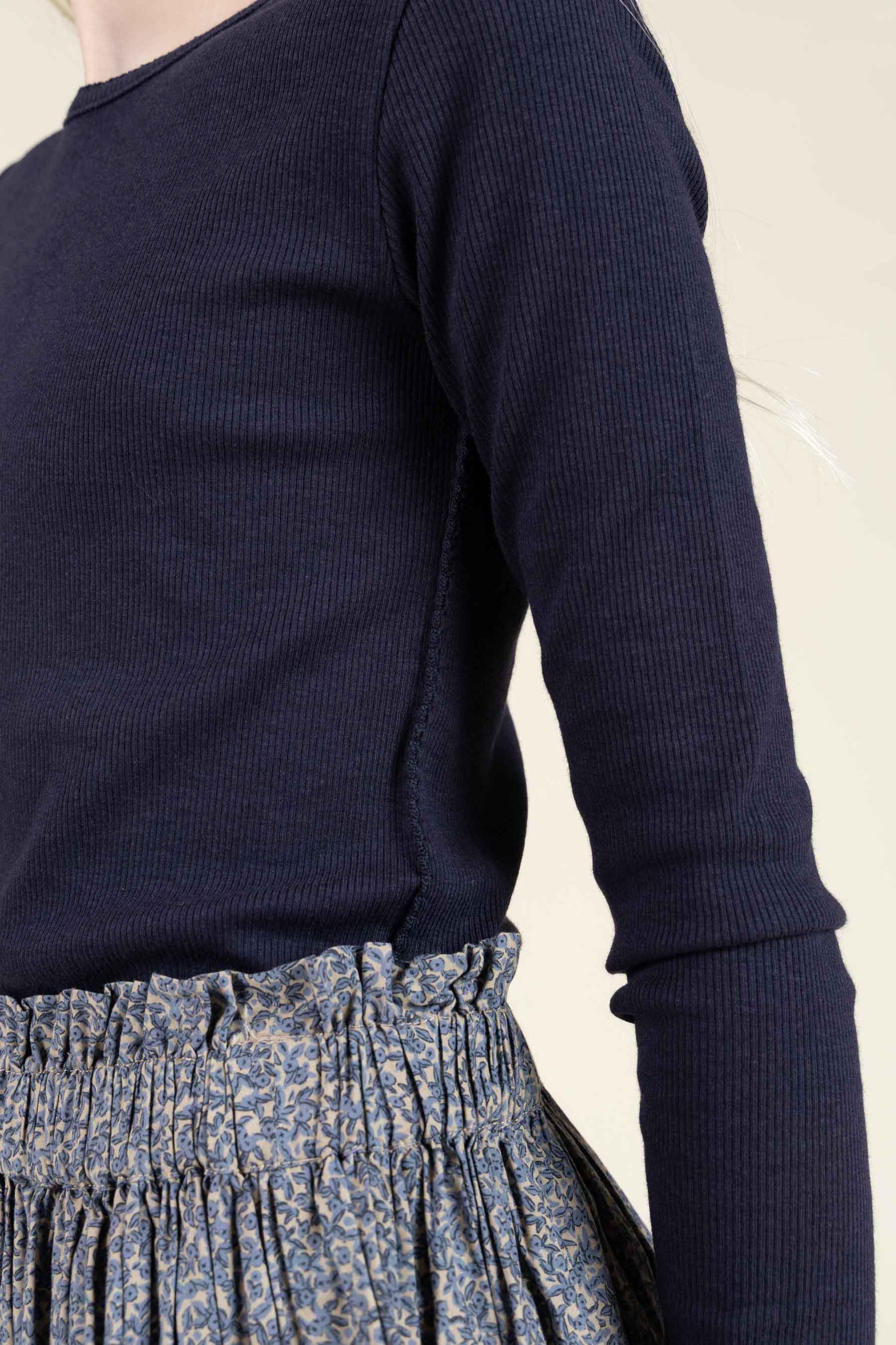 Langærmet Rib T-shirt i Modal med picot-kant - Tween - Navy | 100581 Mia