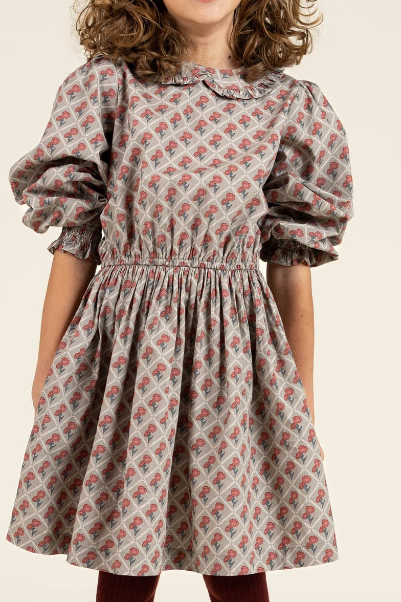 Kjole i bomulds-poplin med Print og elastik i taljen - Tween - Green w. Vintage Red | 100800 Amine