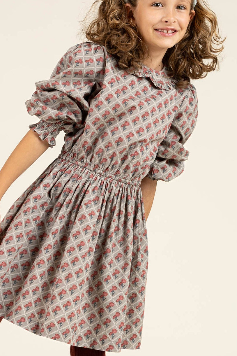 Kjole i bomulds-poplin med Print og elastik i taljen - Tween - Green w. Vintage Red | 100800 Amine