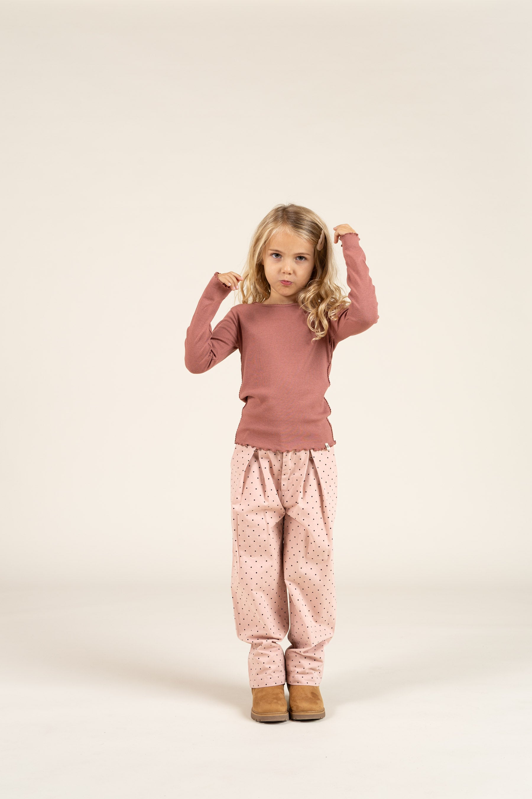 Langærmet Rib T-shirt i Modal med picot-kant - Kids - Old Rose | 100578 Mia