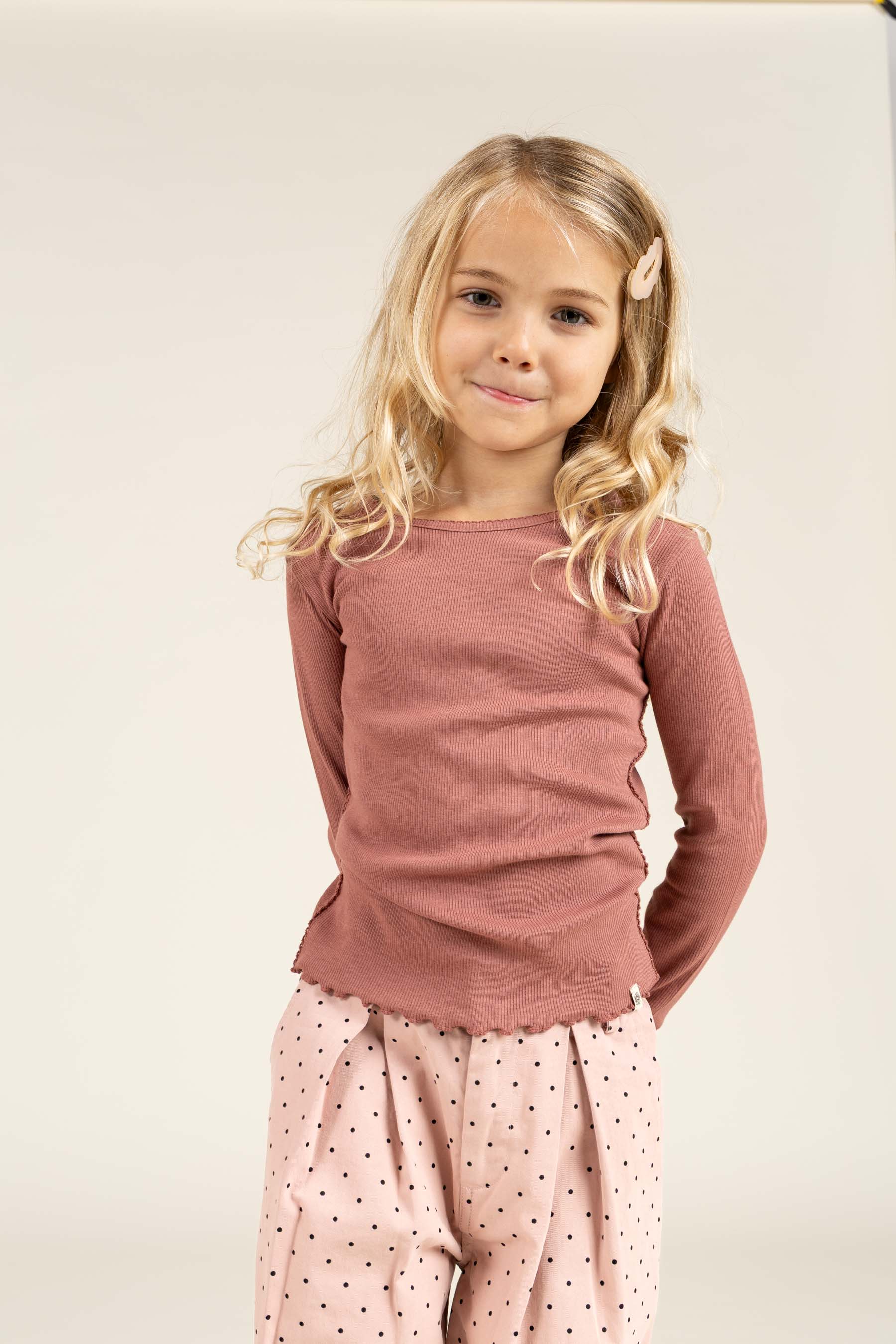 Langærmet Rib T-shirt i Modal med picot-kant - Kids - Old Rose | 100578 Mia