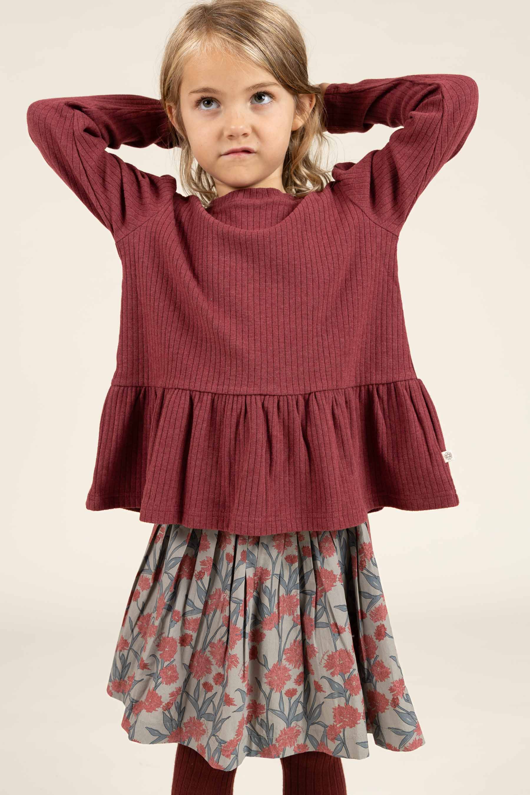 Blød Ribbluse med Peplum - Kids - Burgundy Melange | 100700 Alana