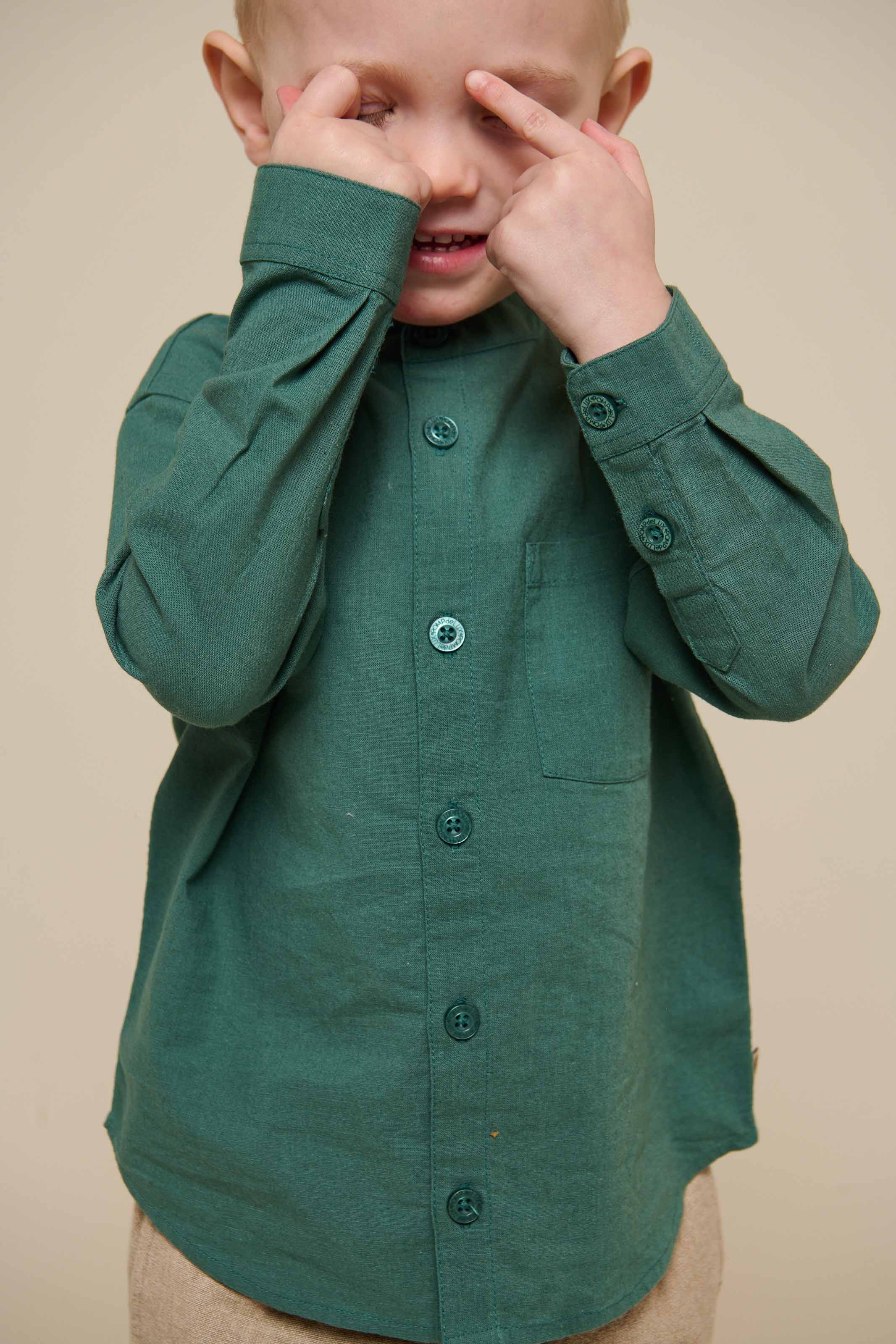 Skjorte i hørmix med kinakrave - Kids - Tropical Green | 101203 Lucca