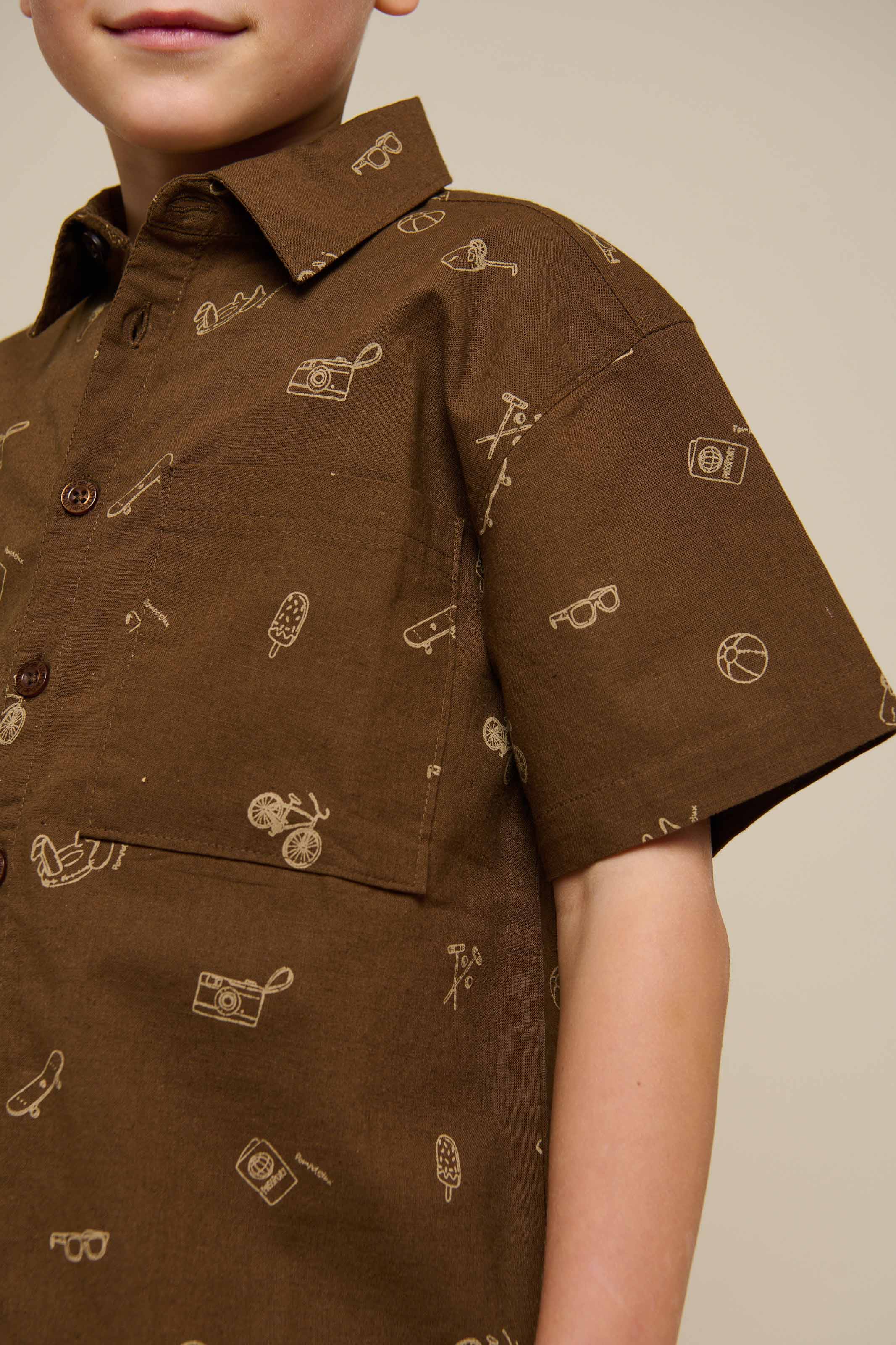 Printet skjorte i hørmix - Tween - Dark Brown | 101168 William