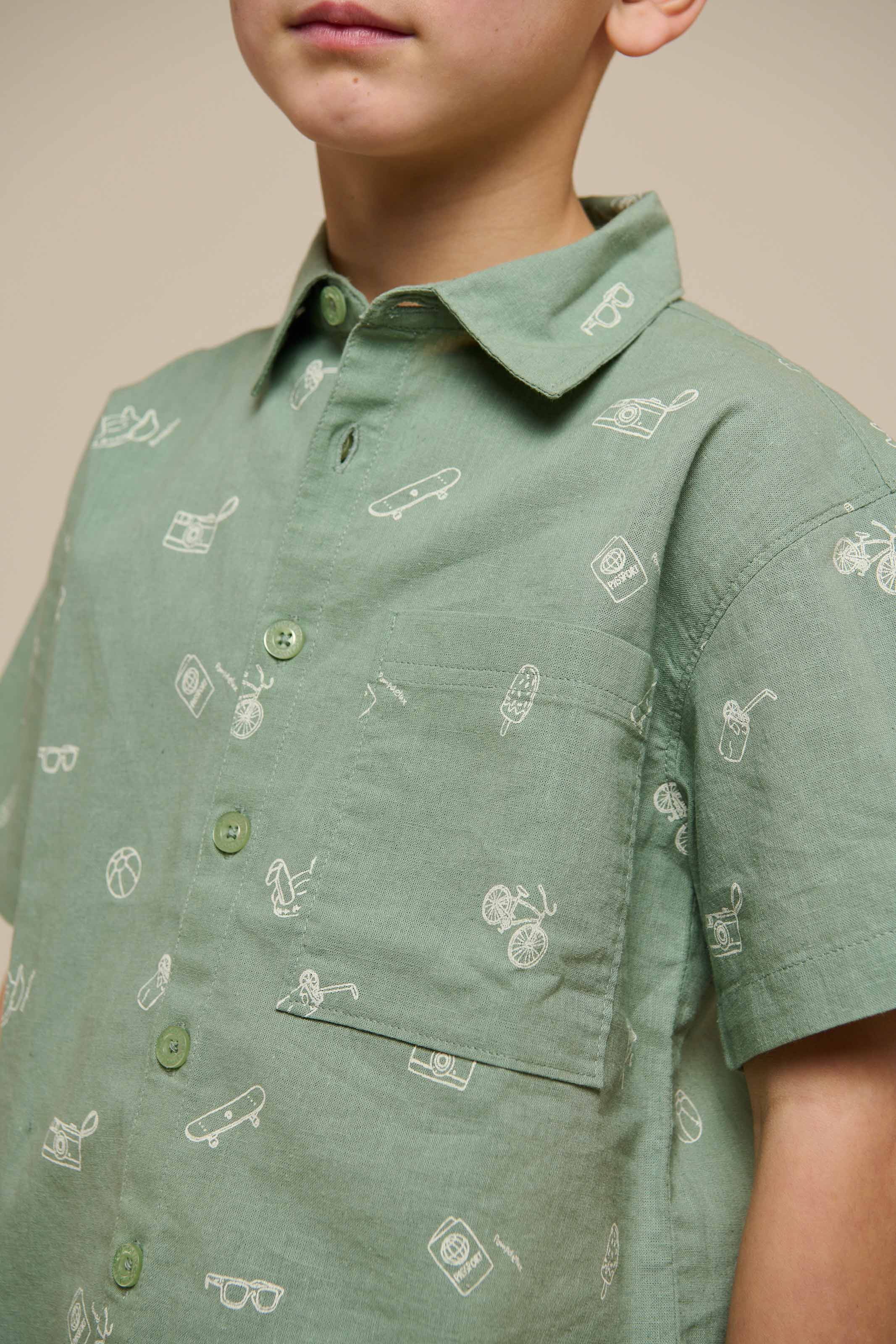 Printet skjorte i hørmix - Tween - Dusty Green | 101166 William