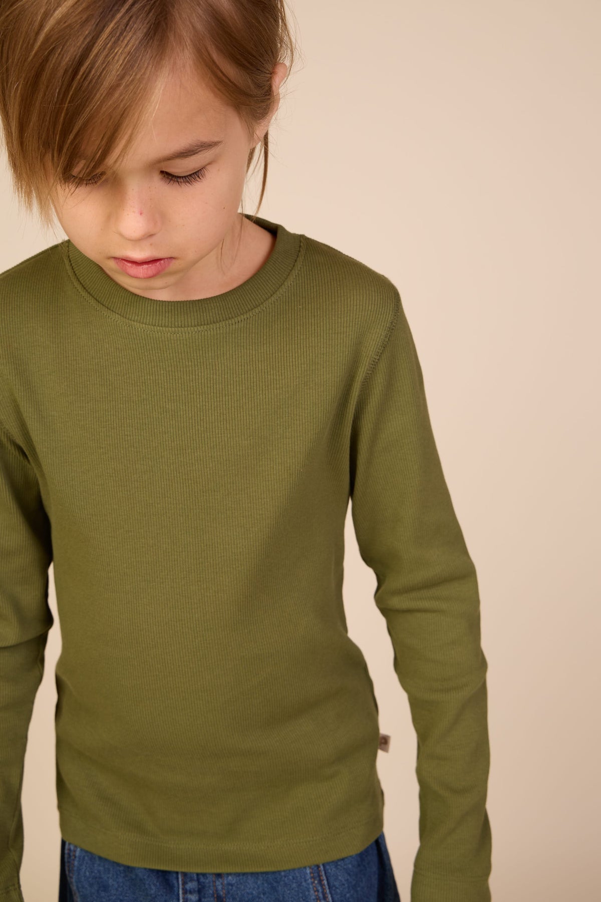 Ribbet langærmet T-shirt Kids - Moss Green | 101599 Conrad