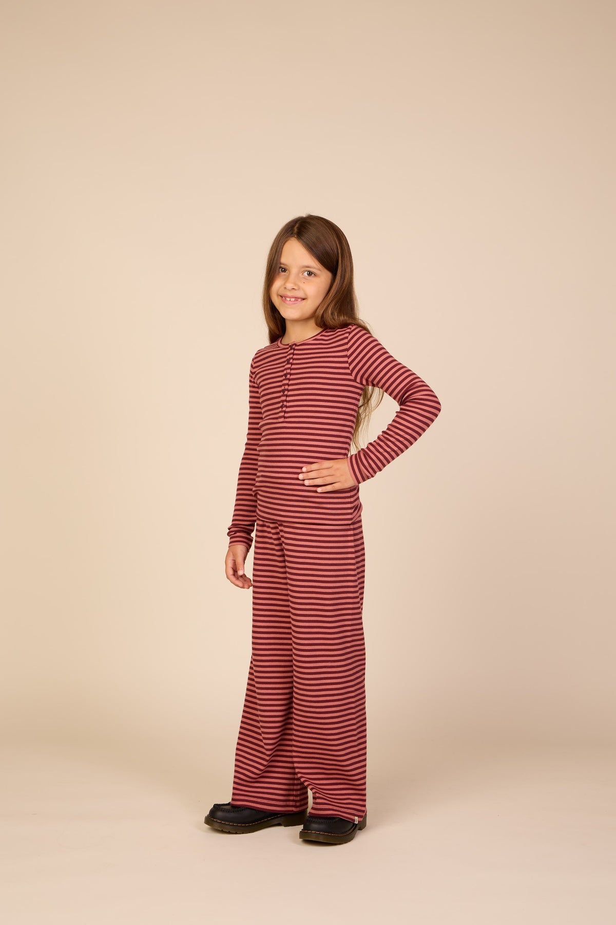 Stribet langærmet T-shirt i rib Tween - Dusty Rose/Bordeaux | 101617 Gloria