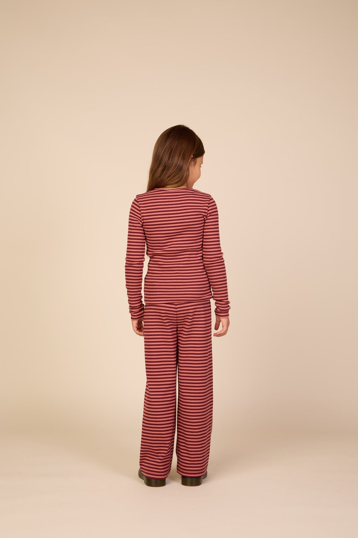 Stribet langærmet T-shirt i rib Tween - Dusty Rose/Bordeaux | 101617 Gloria