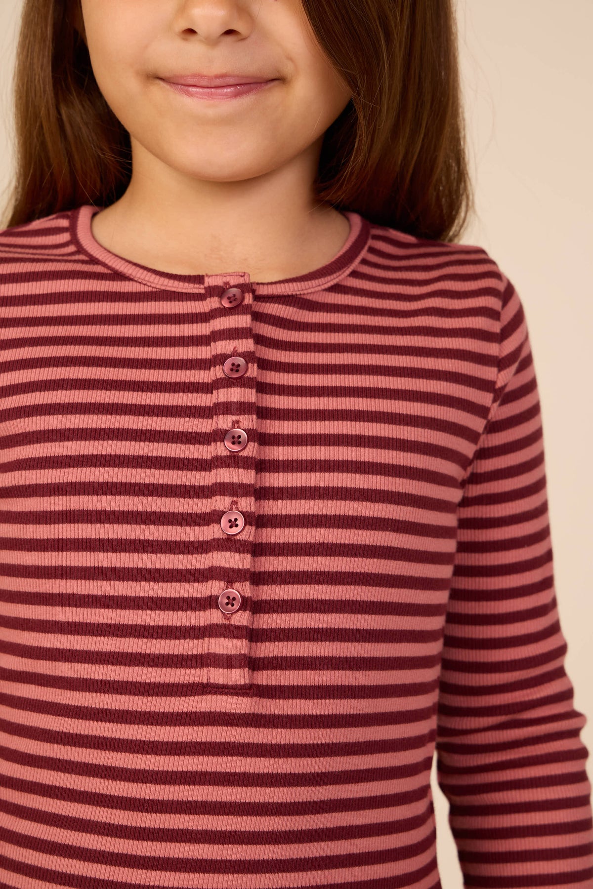 Stribet langærmet T-shirt i rib Tween - Dusty Rose/Bordeaux | 101617 Gloria