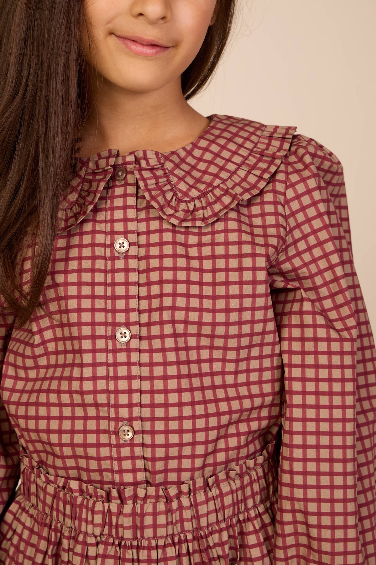 Poplin-bluse med flæsekrave Tween - Bordeaux Check | 101450 Julia