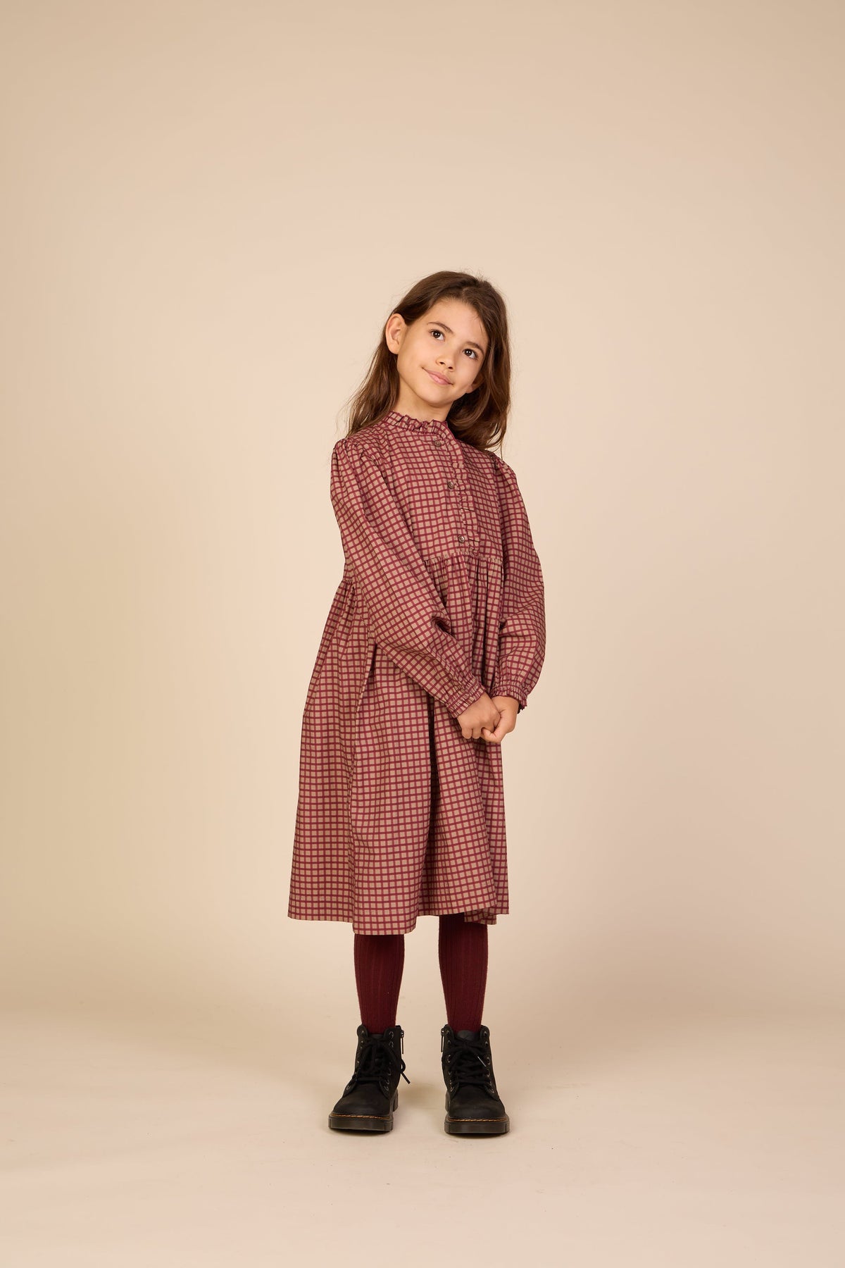 Poplin-kjole med stolpelukning Tween - Bordeaux Check | 101437 Julia