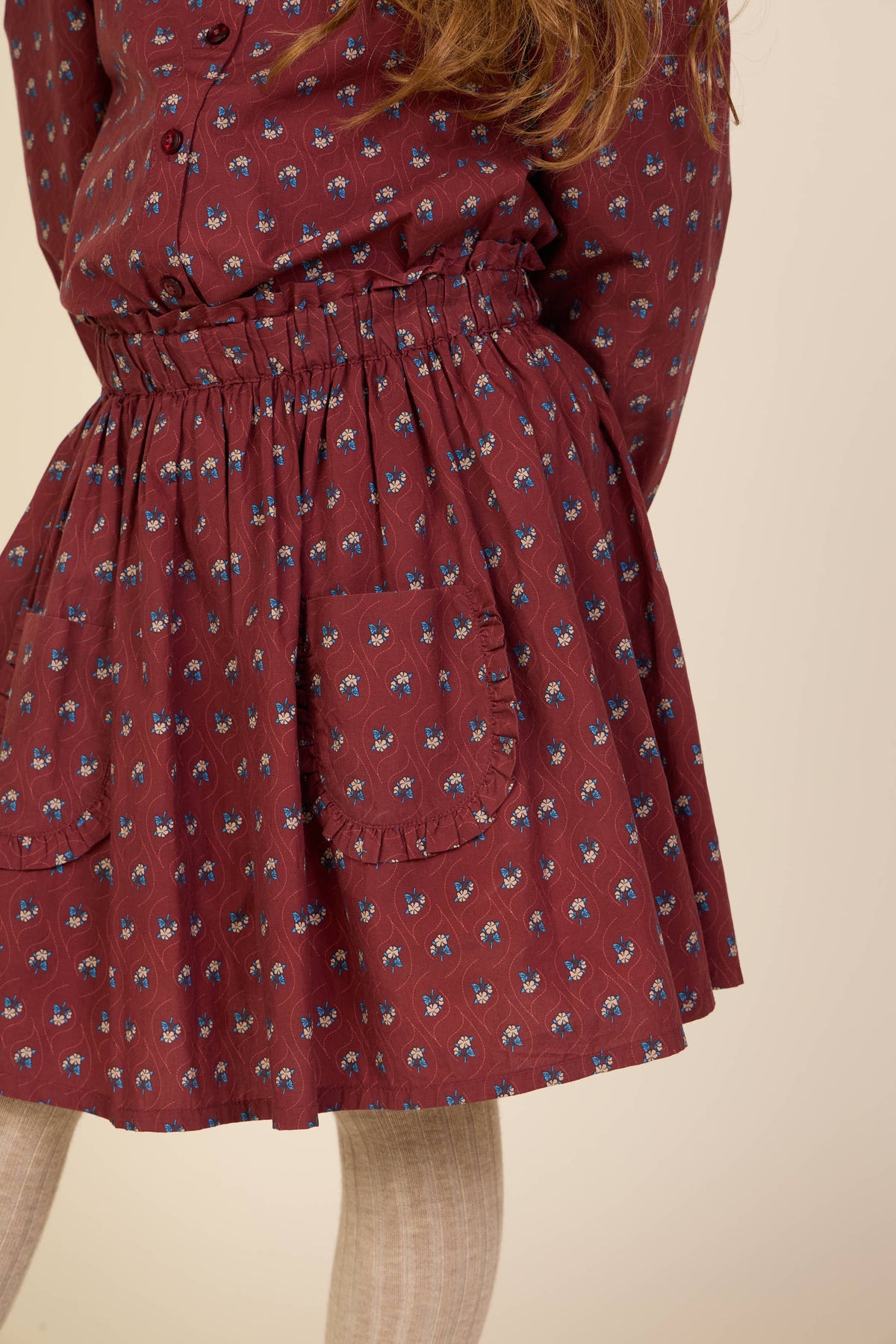 Poplin-nederdel med flæselommer Tween - Bordeaux Flowerprint | 101448 Julia