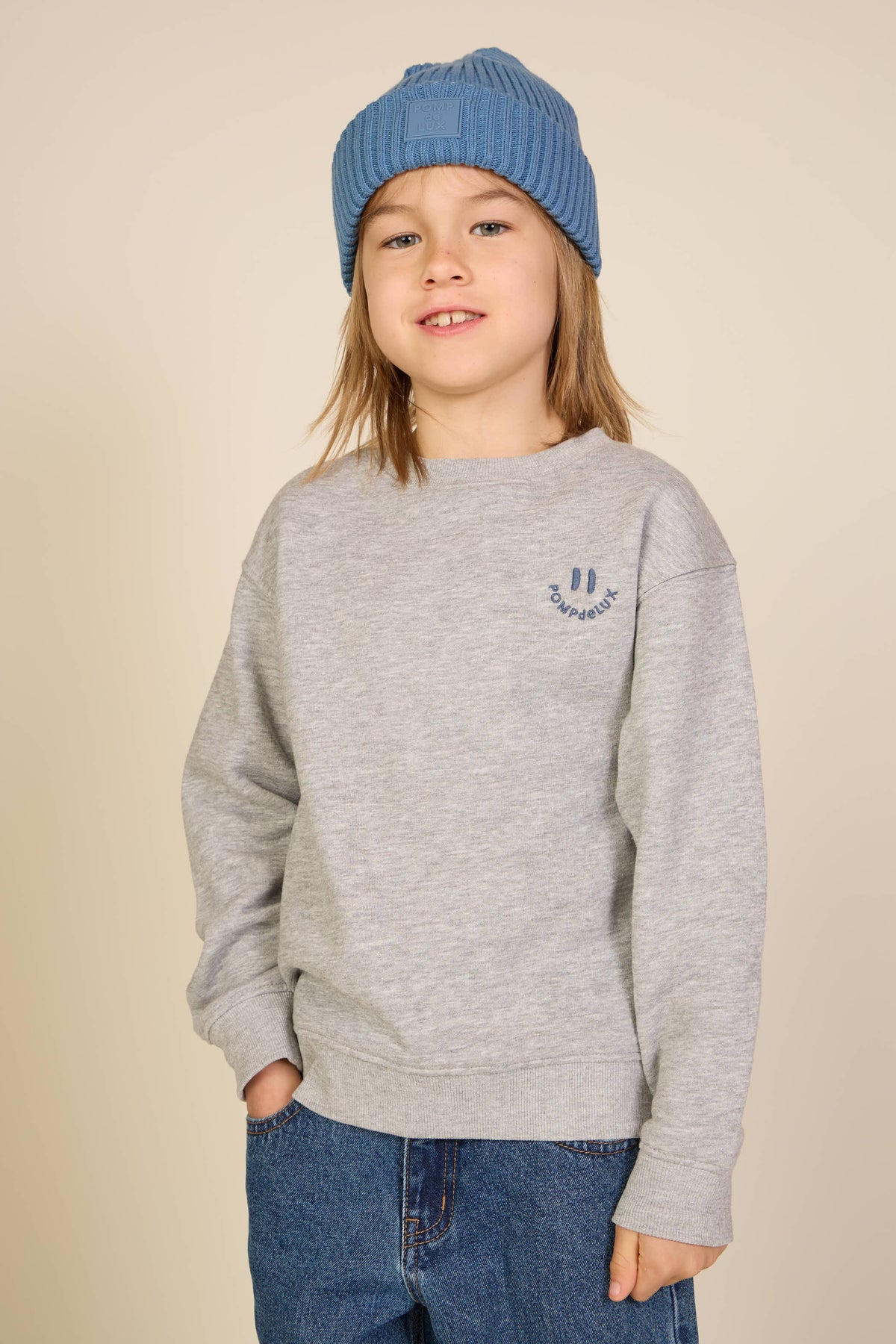 Rundhalset sweatshirt med smiley broderi Tween - Grey Melange | 101578 Andrew